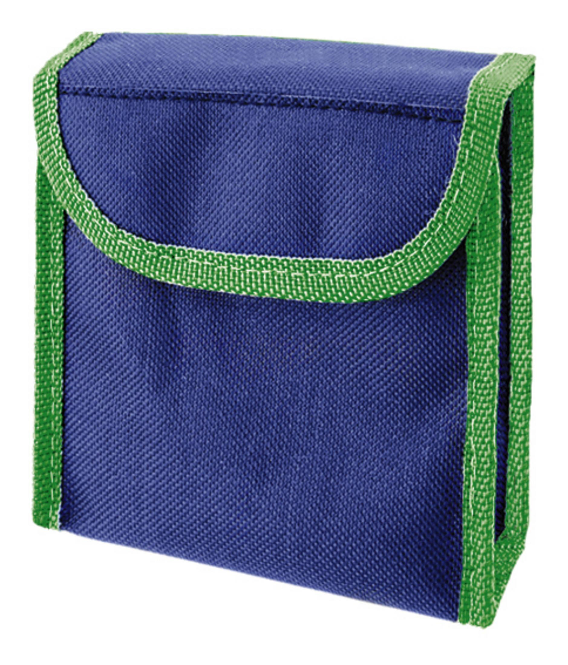 Piccola pochette blu con profili e cuciture verdi.