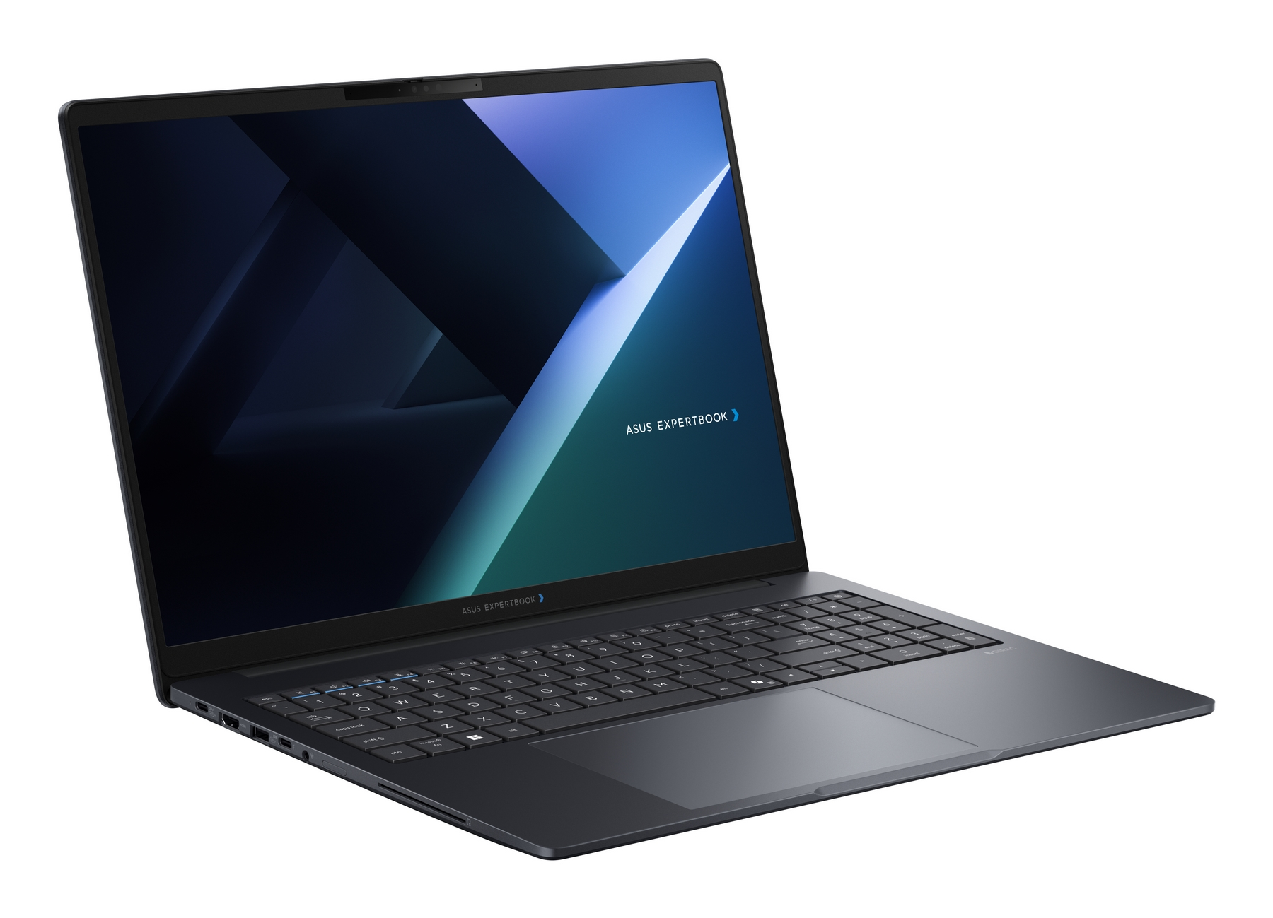 Un laptop Asus Expertbook scuro con tastiera e schermo è aperto, su sfondo bianco.