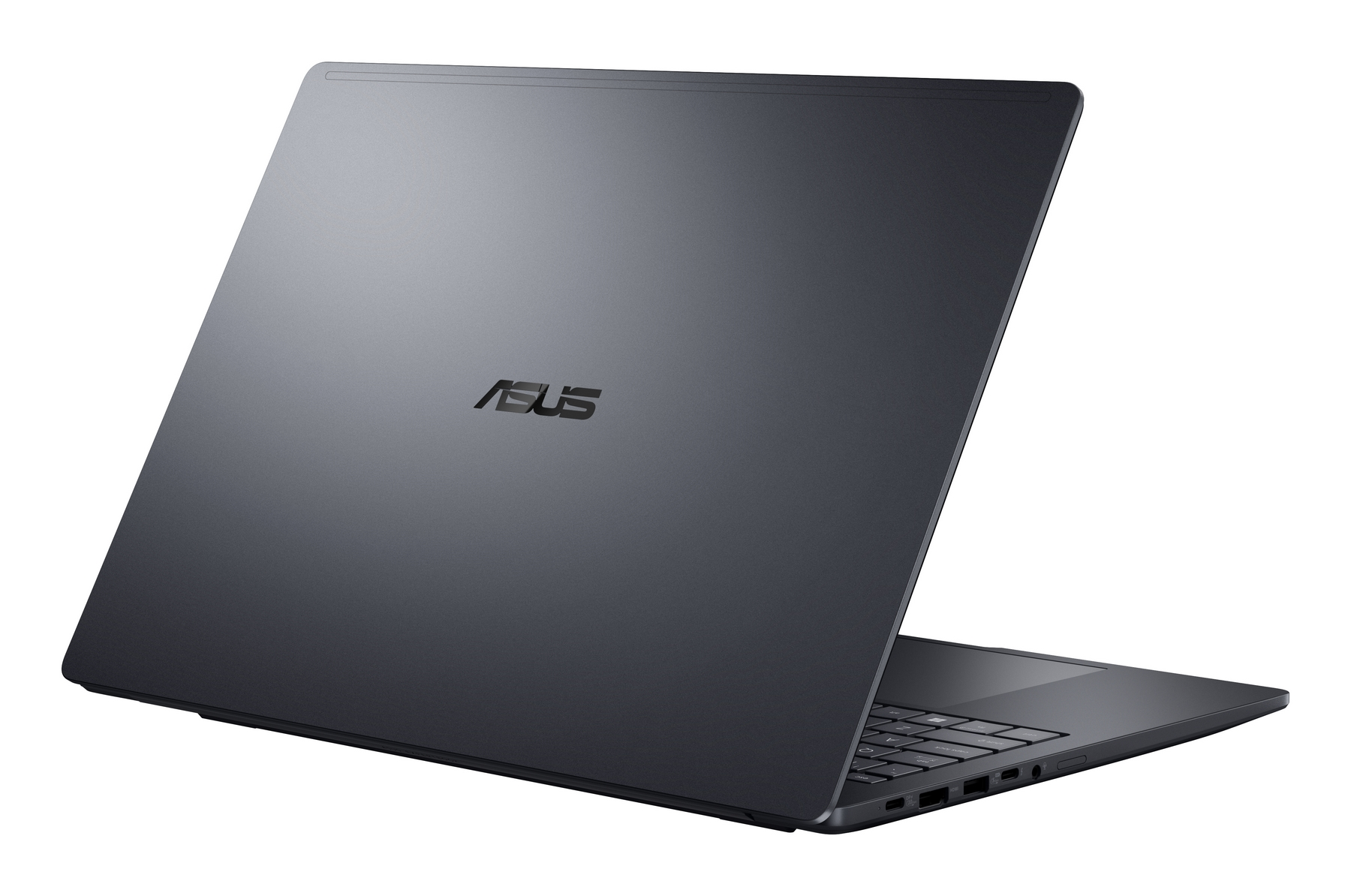 Laptop Asus grigio scuro, visto da dietro a sinistra, con tastiera visibile.