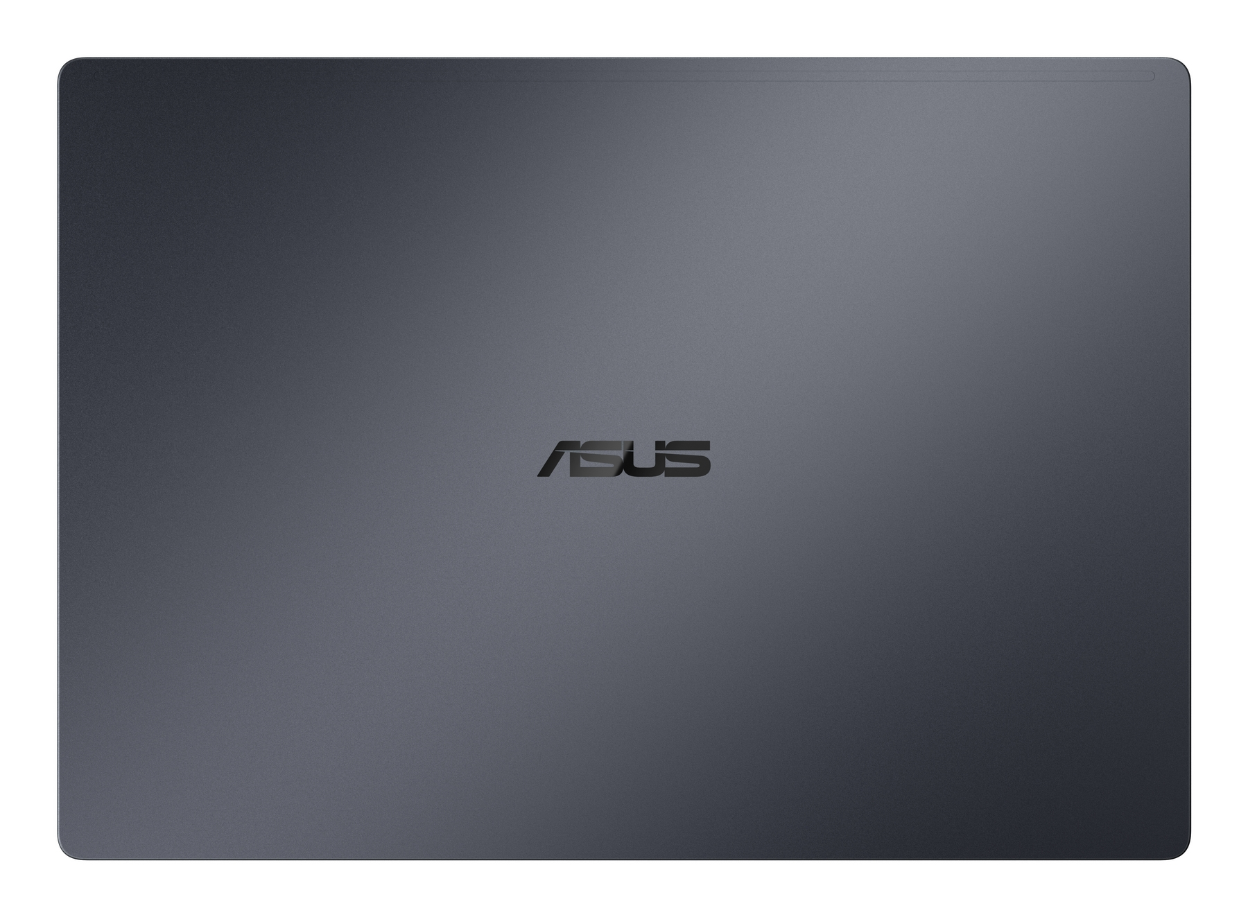 Coperchio laptop grigio scuro con logo ASUS lucido al centro.