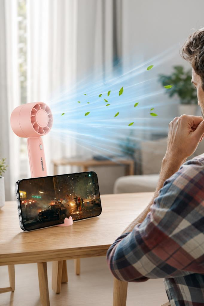 Pembe vantilatör, oyun oynayan bir telefona yapraklı hava üflüyor.
