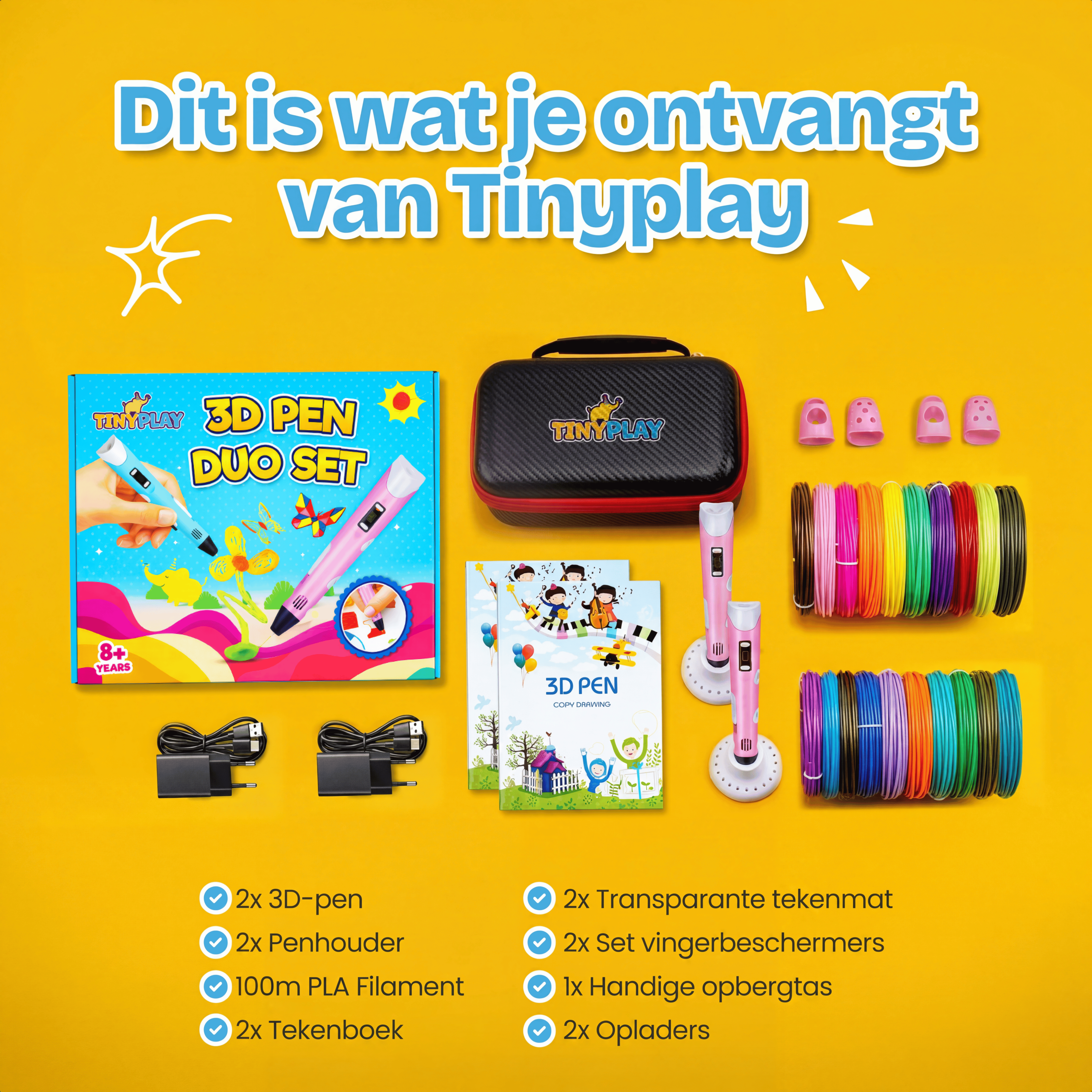 3D-pen set met accessoires: 2 pennen, houders, filamenten, tekenboek.