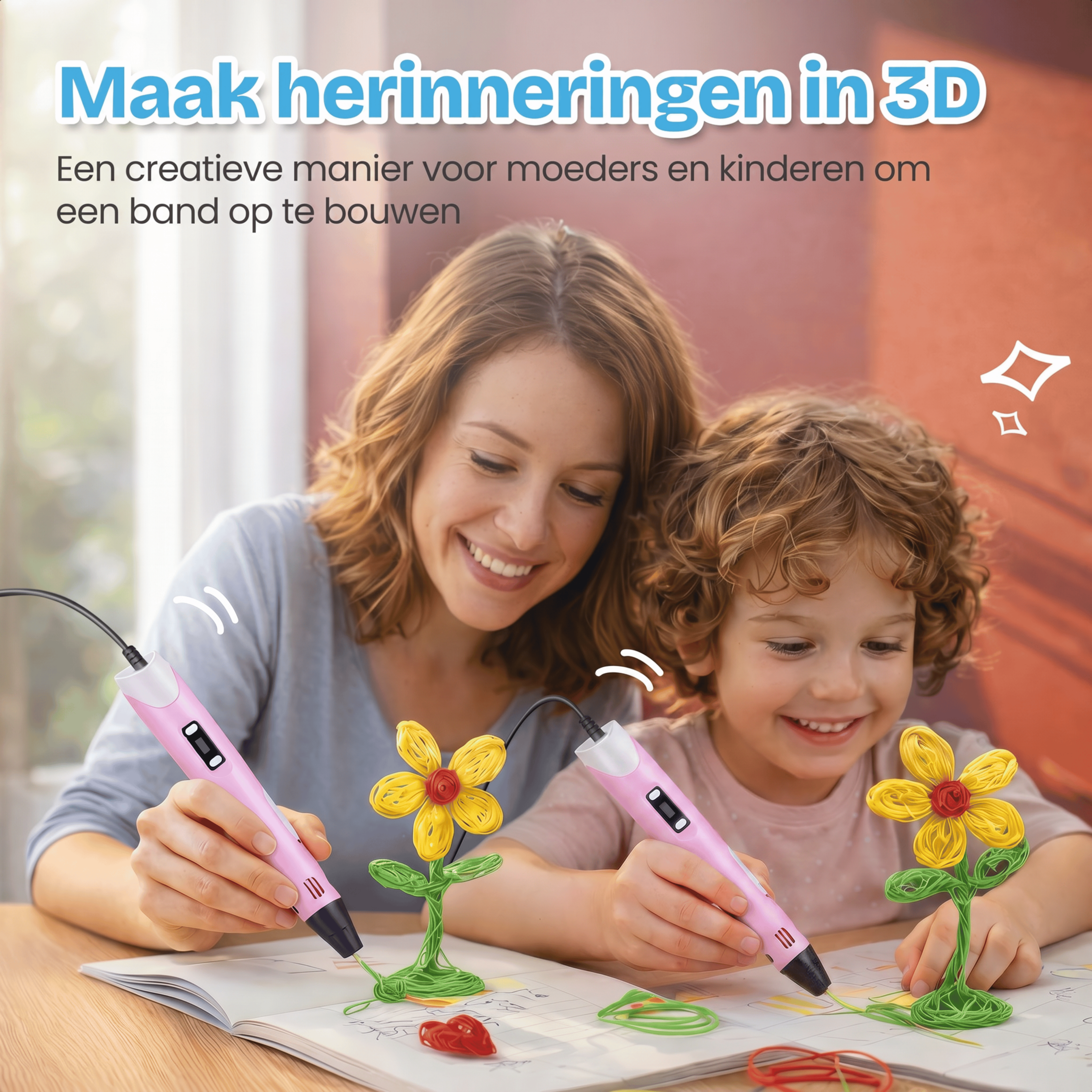 Moeder en kind maken 3D-bloemen op een boek met roze pennen.