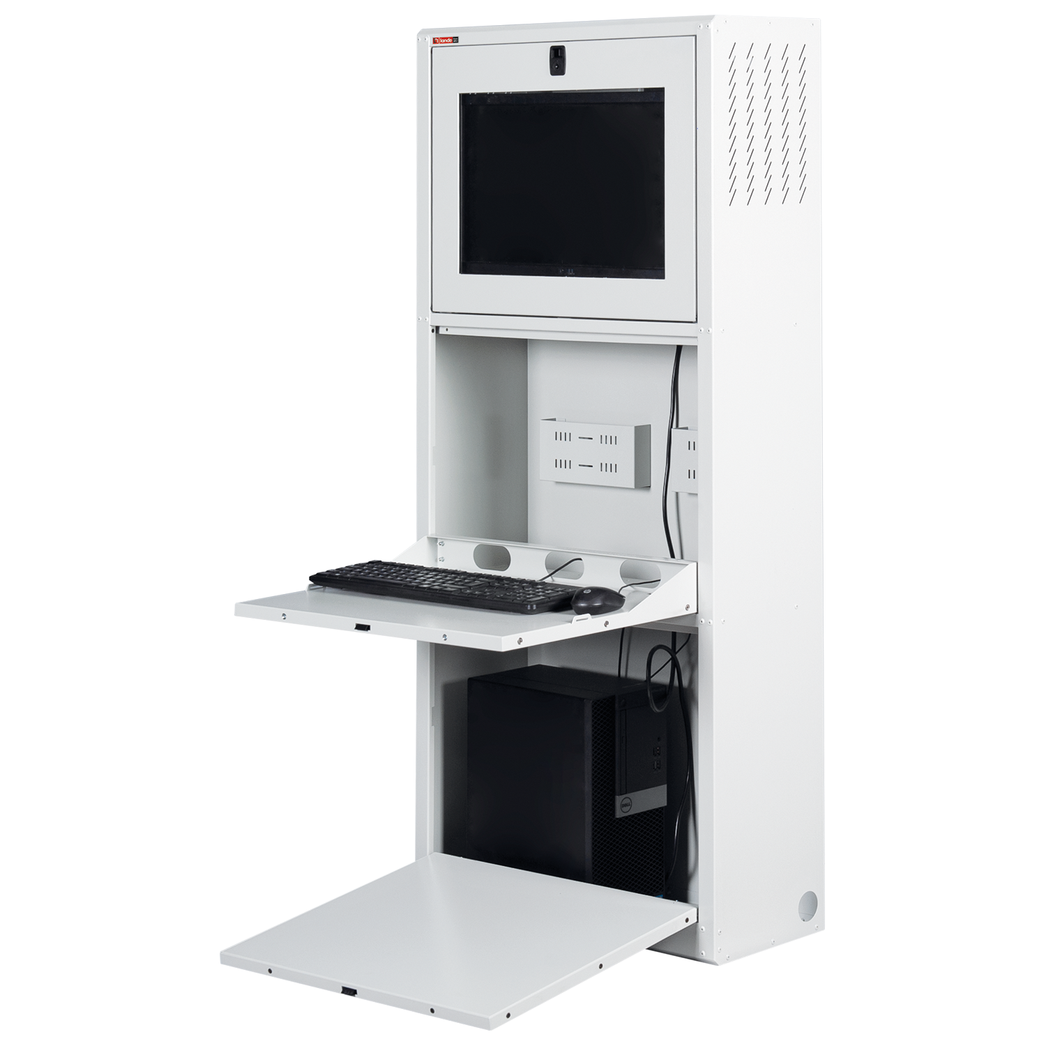 Çekmeceli klavye tepsisi, fare, klavye, monitör ve CPU'lu beyaz bilgisayar standı.