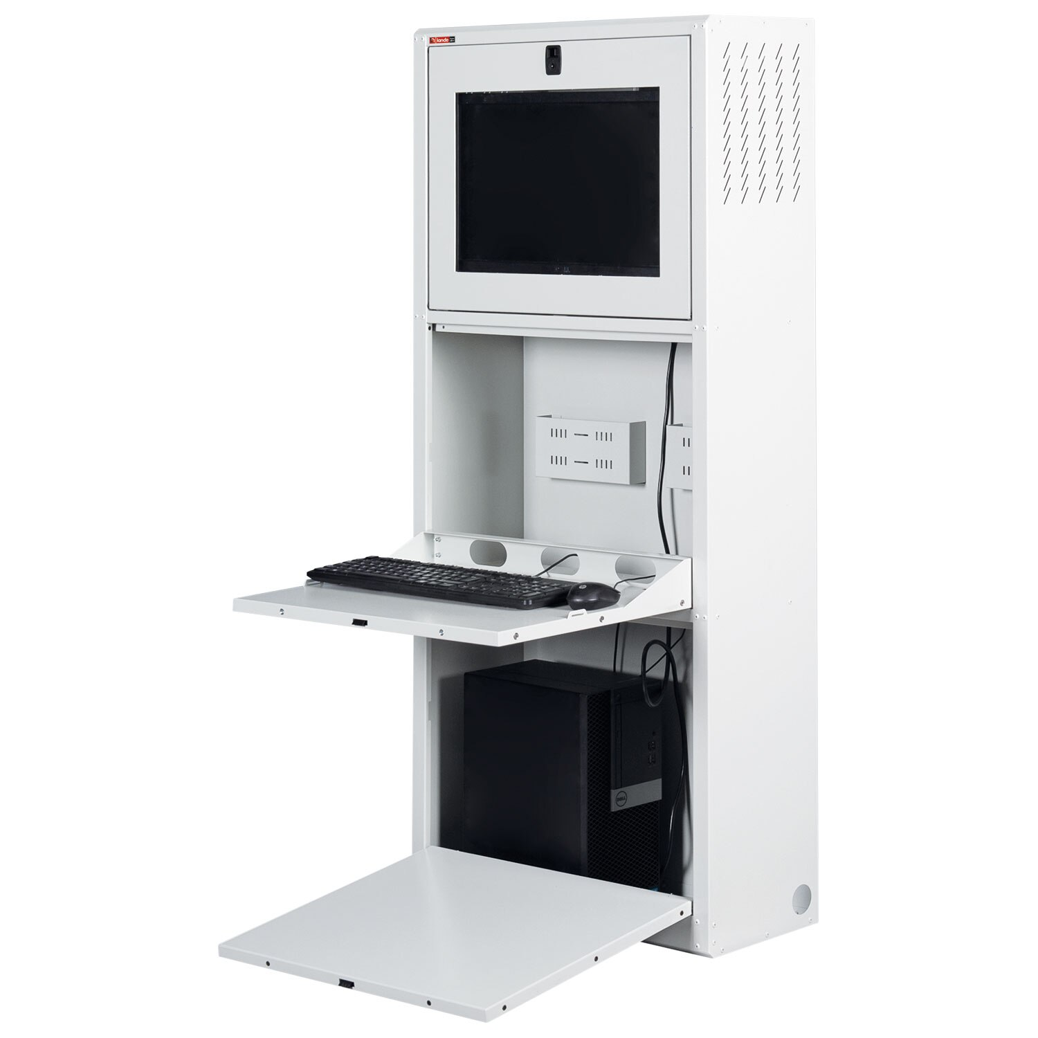 Monitörlü, klavyeli, fareli ve PC kasalı beyaz bilgisayar dolabı.