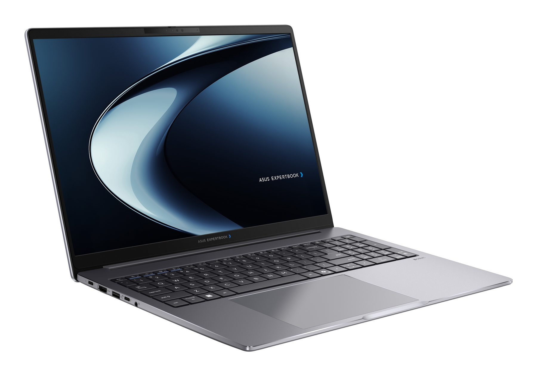 Un laptop Asus ExpertBook chiuso con sfondo scuro e tastiera.