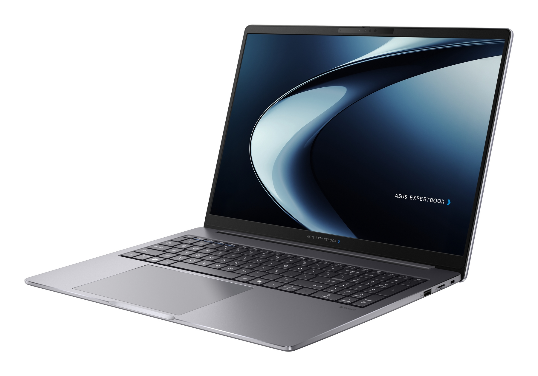 Laptop grigio con tastiera retroilluminata e schermo scuro con design astratto.