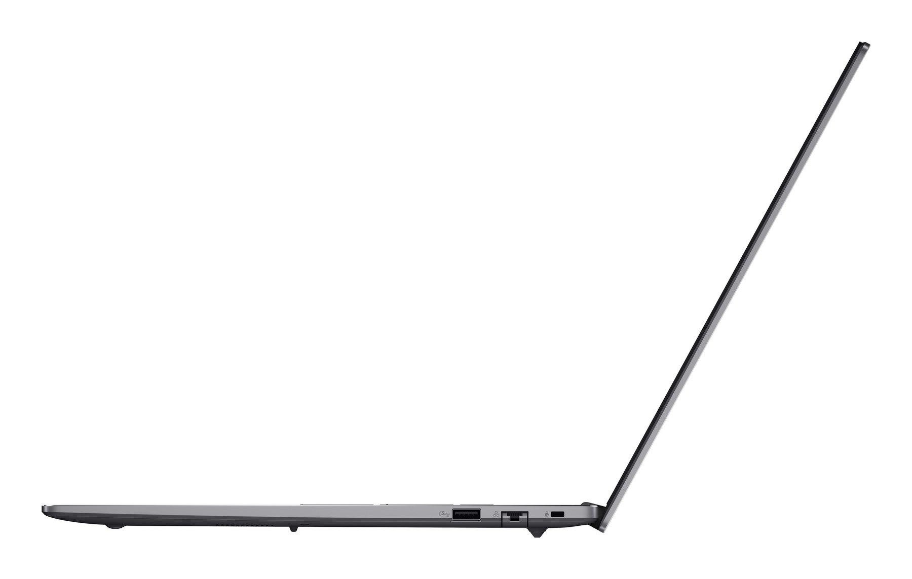 Laptop grigio di profilo, schermo aperto, porte USB visibili.