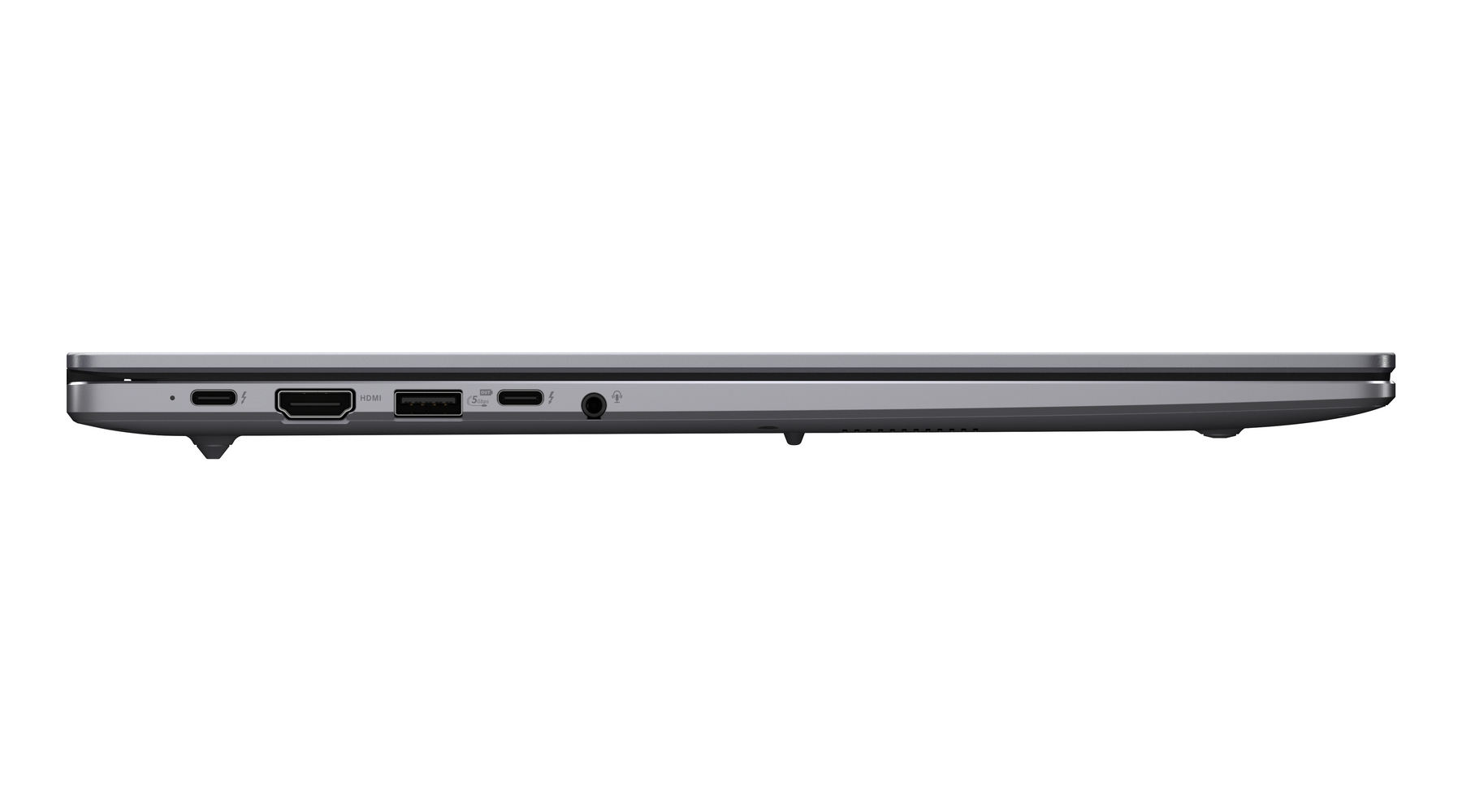 Vista laterale di un laptop con porte: USB-C, HDMI e jack per cuffie.