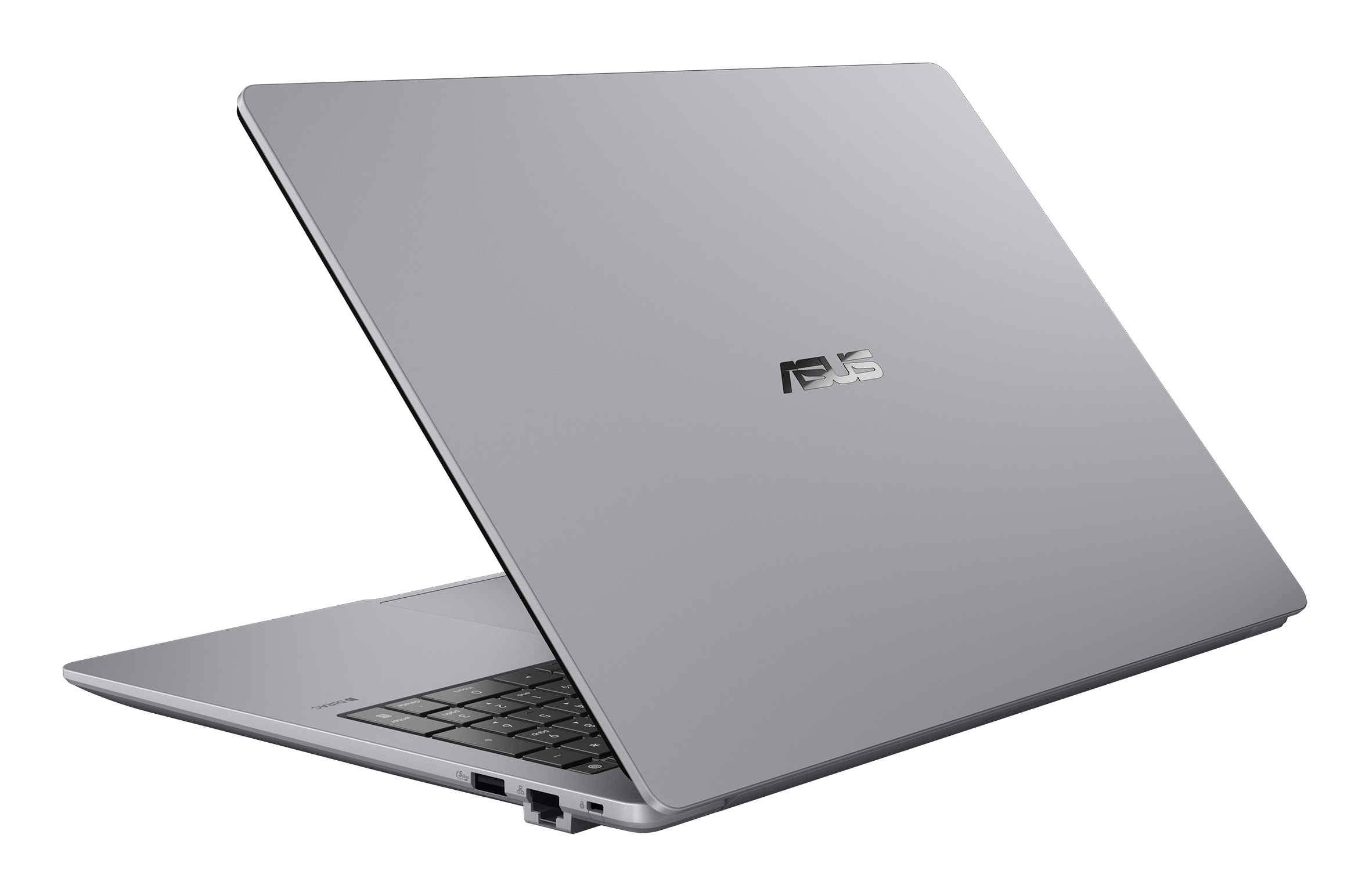 Un laptop argentato con il coperchio aperto, che mostra la tastiera.