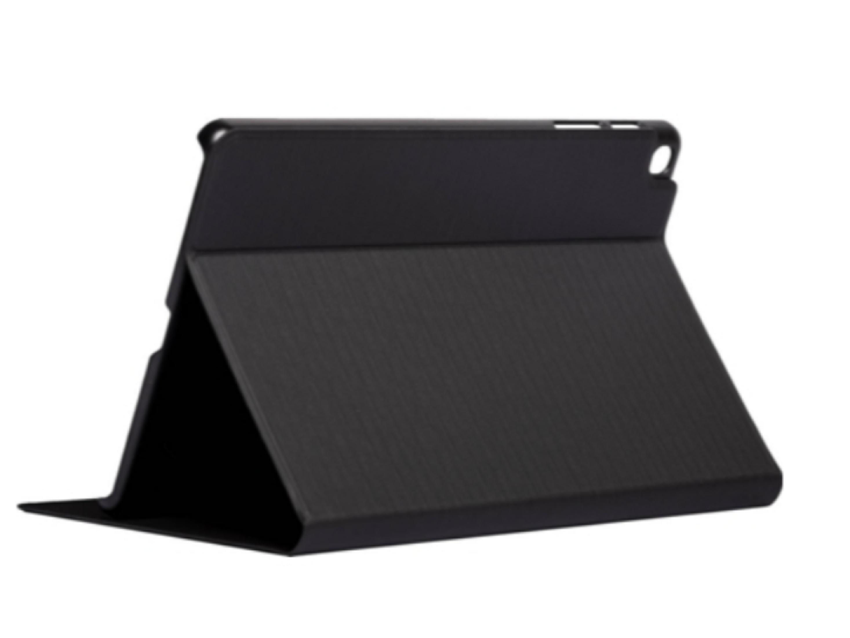 Una funda negra para tableta de pie como soporte sobre fondo blanco.