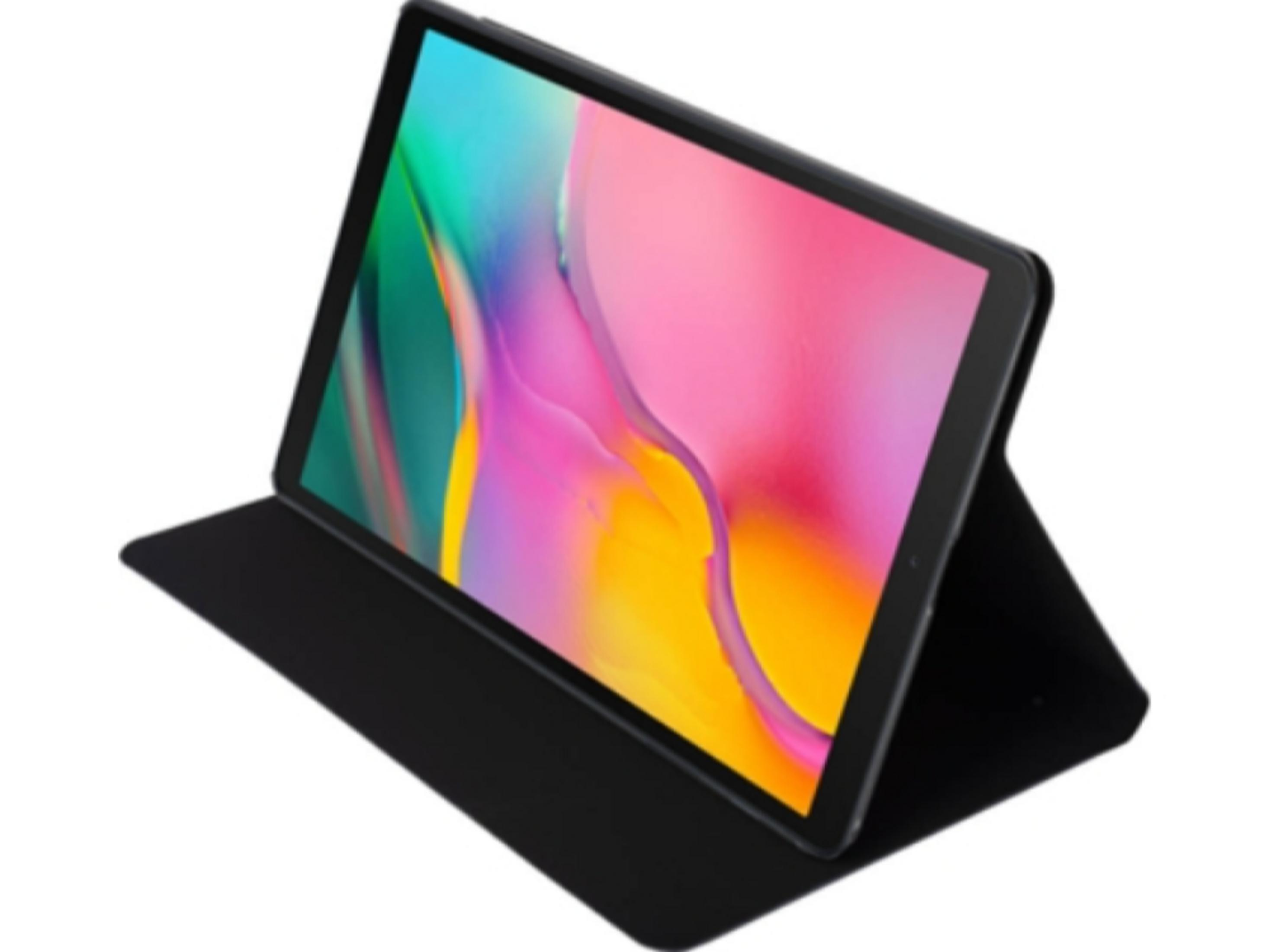 Una tableta negra con fondo de pantalla colorido en una funda negra.
