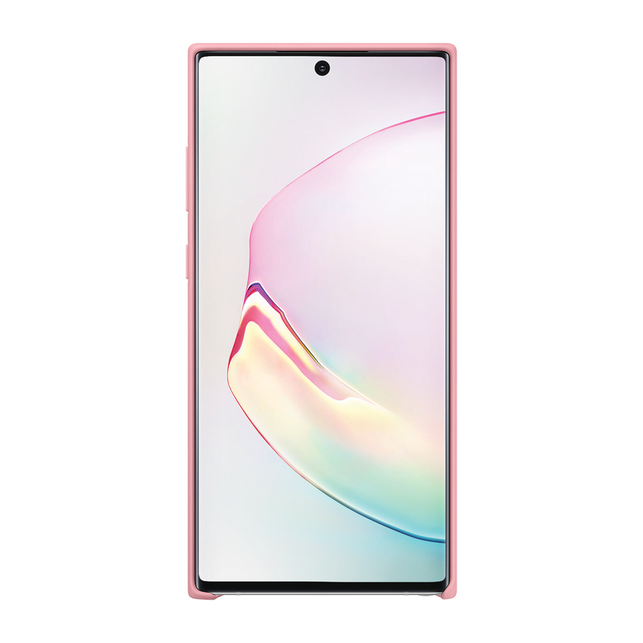 Uno smartphone rosa con uno sfondo astratto e colorato sullo schermo.