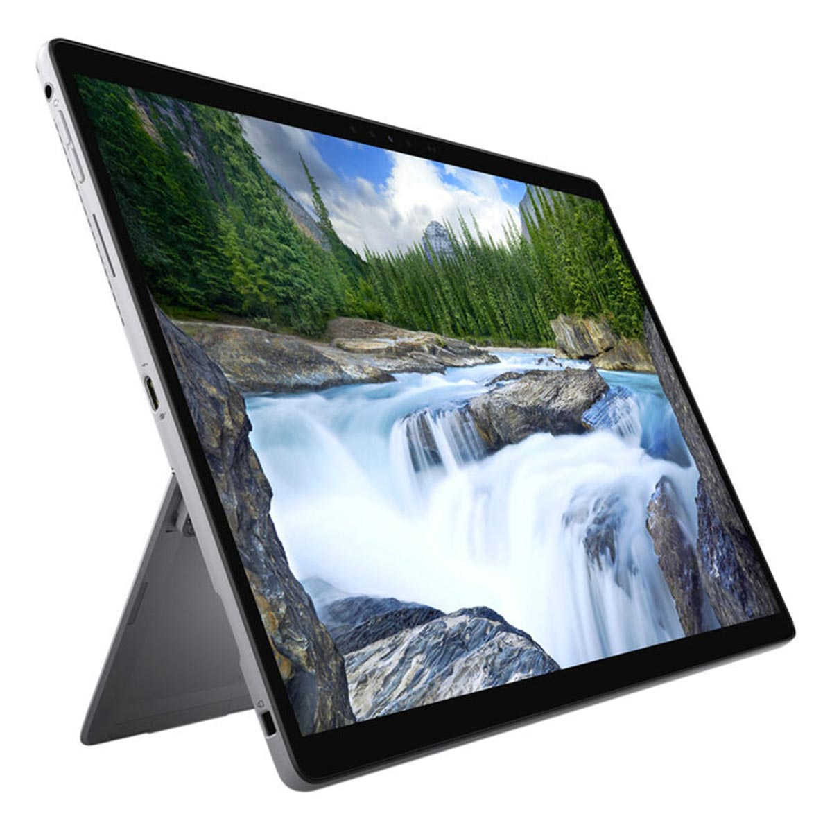 Ein Laptop mit einem Wasserfallbildschirmschoner steht auf einem Ständer.