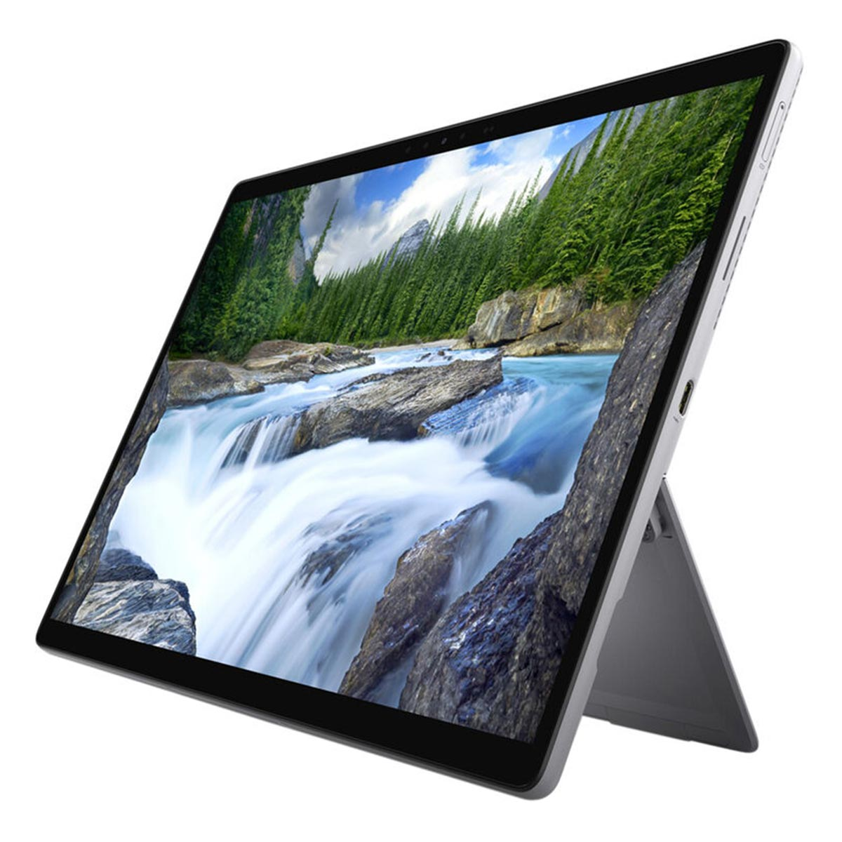 Ein Laptop zeigt ein Bild eines rauschenden Wasserfalls in einem Wald.