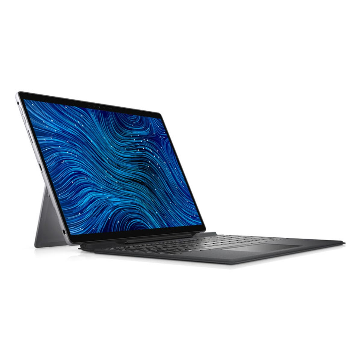 Ein silberner Laptop mit schwarzer Tastatur ist geöffnet und zeigt einen blauen abstrakten Bildschirm.