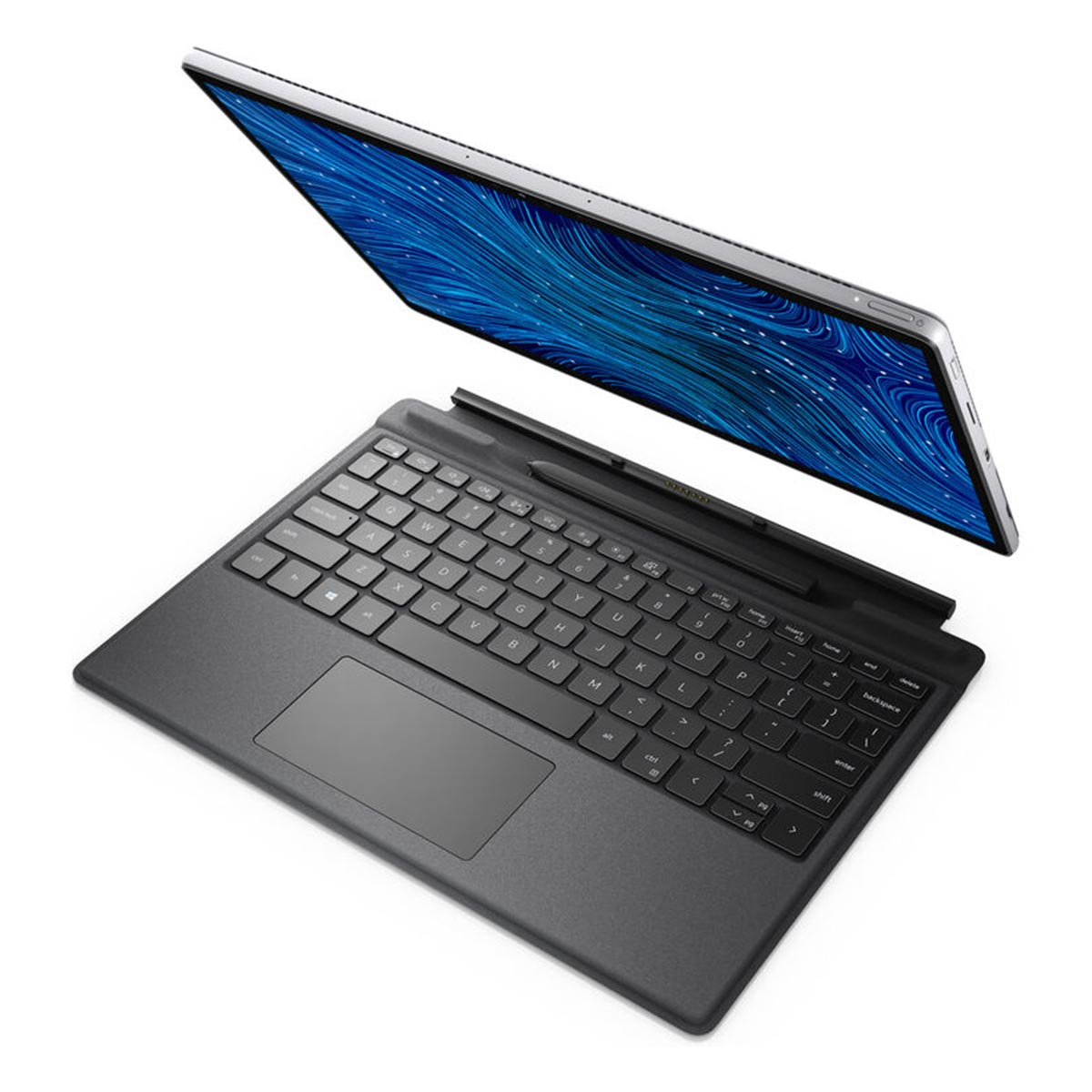 Ein dunkles Tablet mit Tastatur und Stift, Bildschirm zeigt blaues Muster.