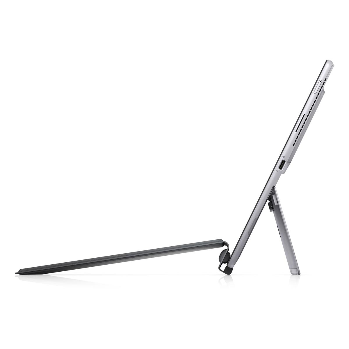Ein silbernes 2-in-1-Laptop-Tablet mit abnehmbarer Tastatur steht auf einem weißen Hintergrund.