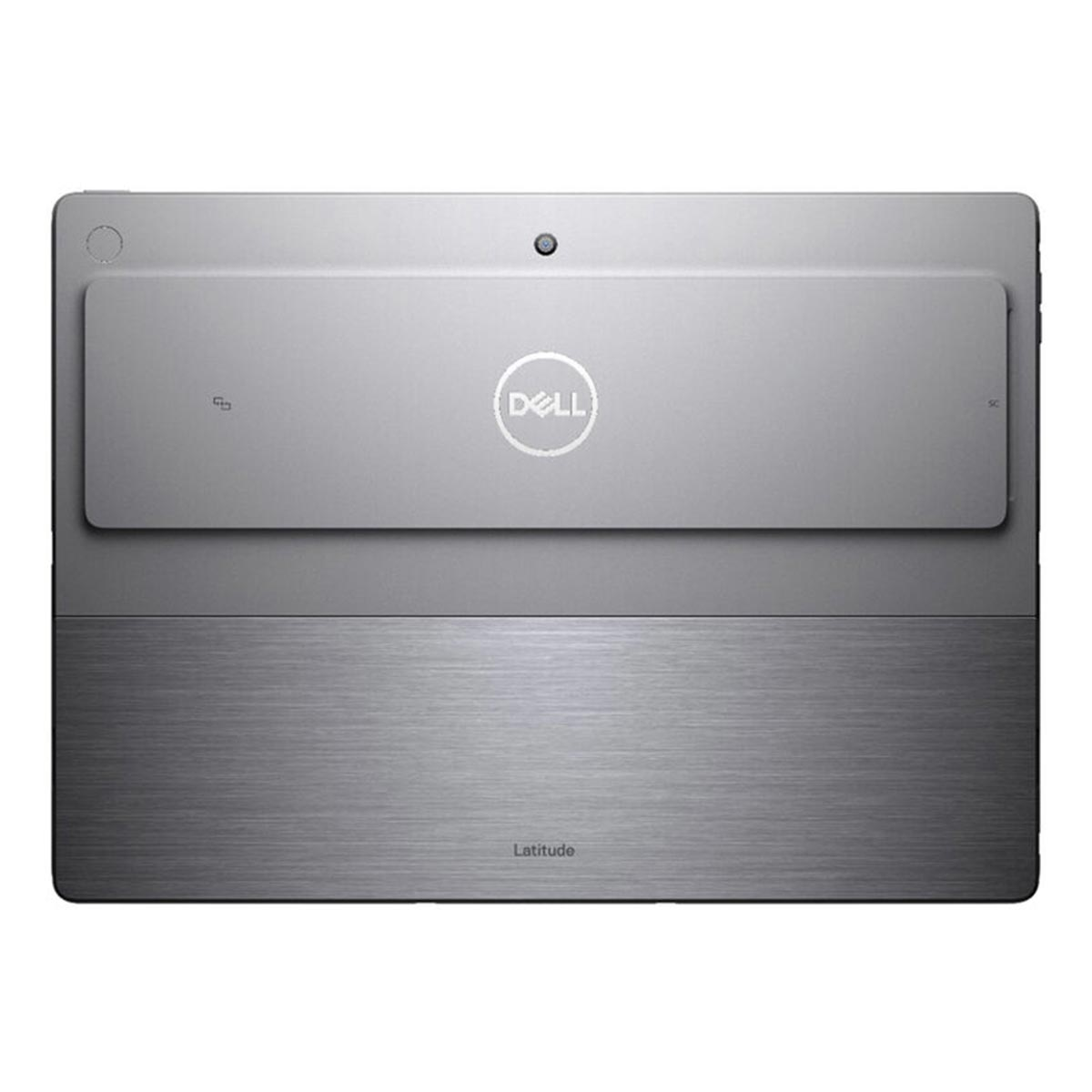 Rückseite eines silbernen Dell Latitude Laptops mit Logo und Kamera.