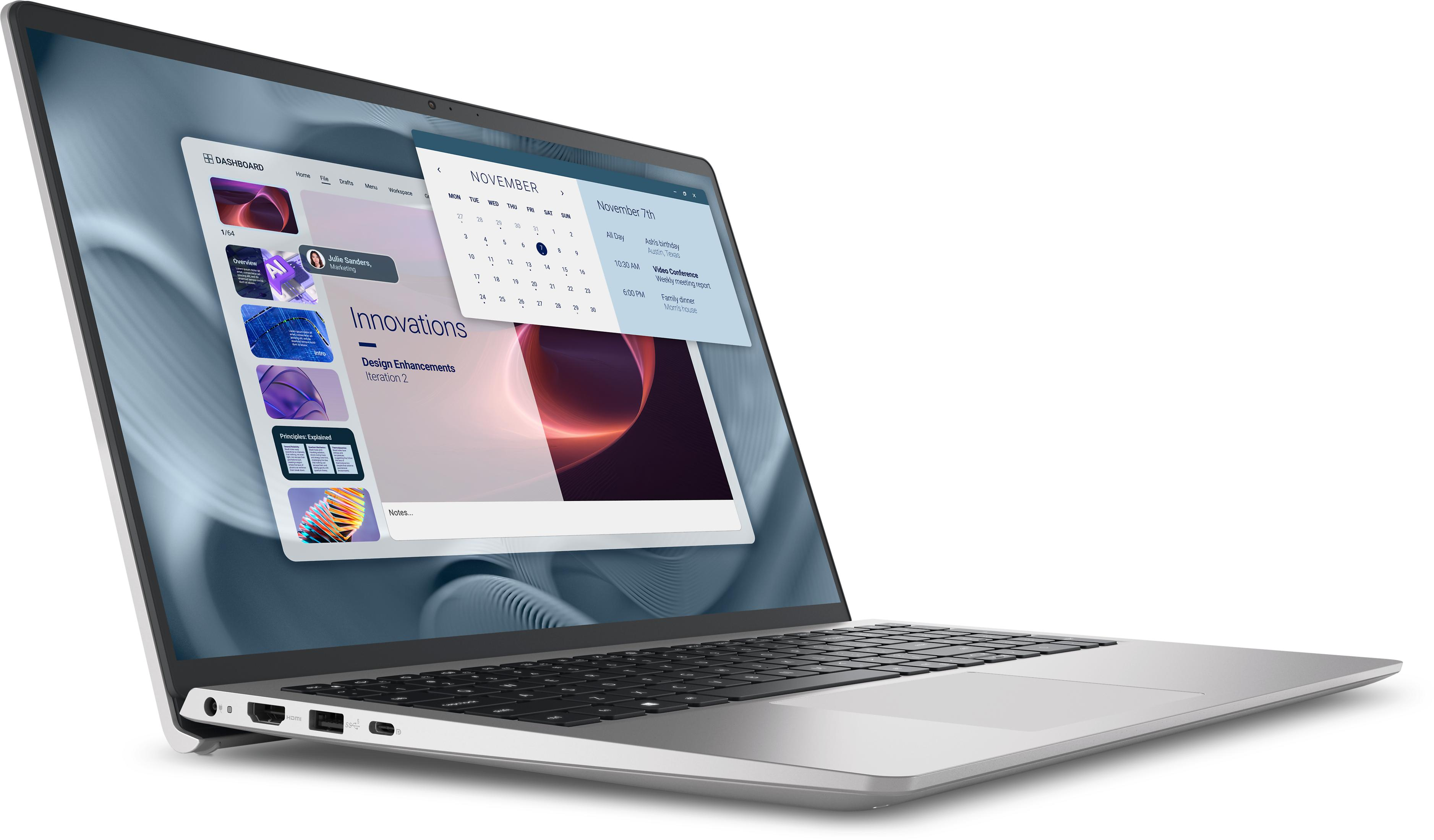 Un laptop mostra una dashboard con calendario e note. Arte astratta sullo sfondo.