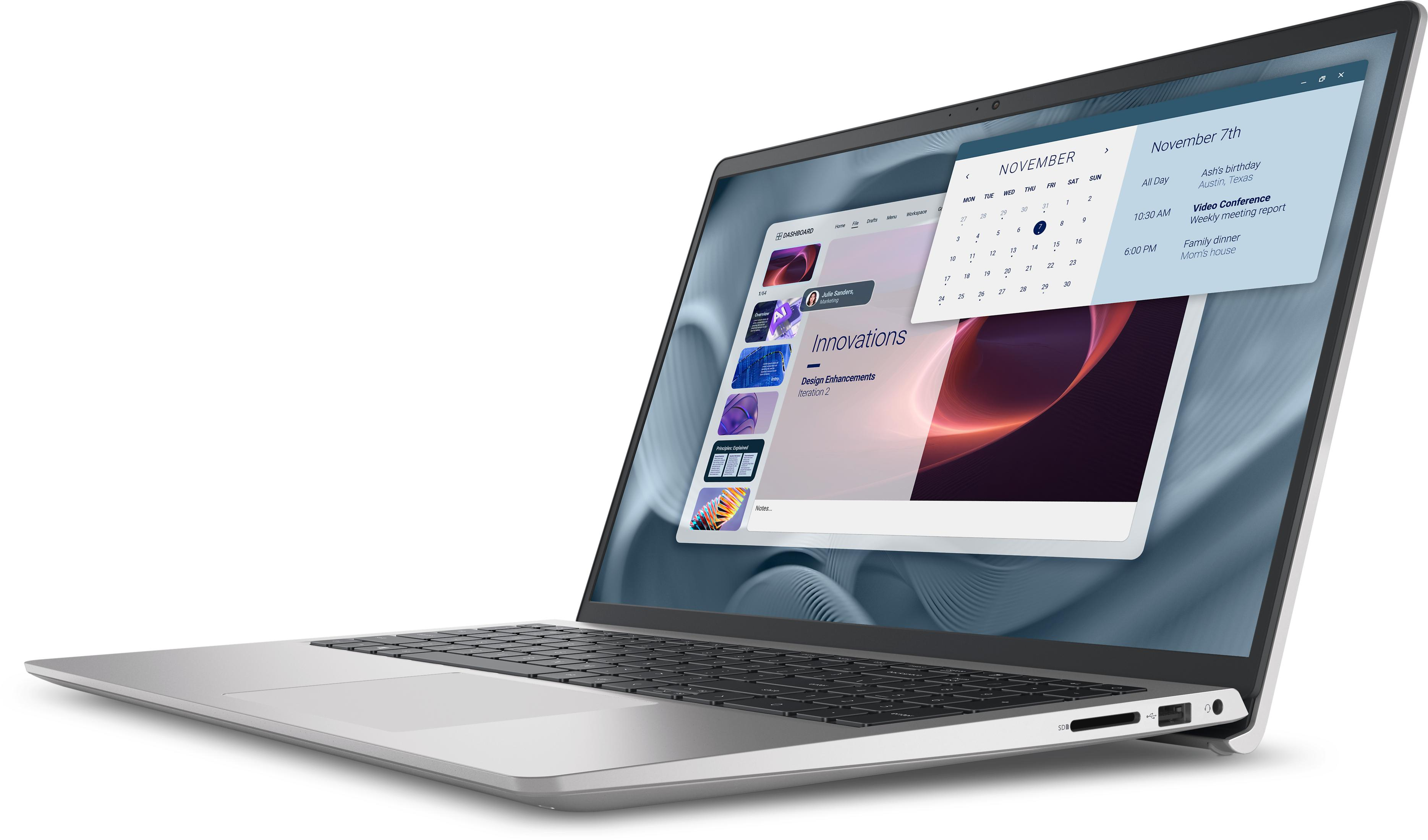 Un laptop argentato mostra un calendario e una presentazione intitolata Innovazioni.