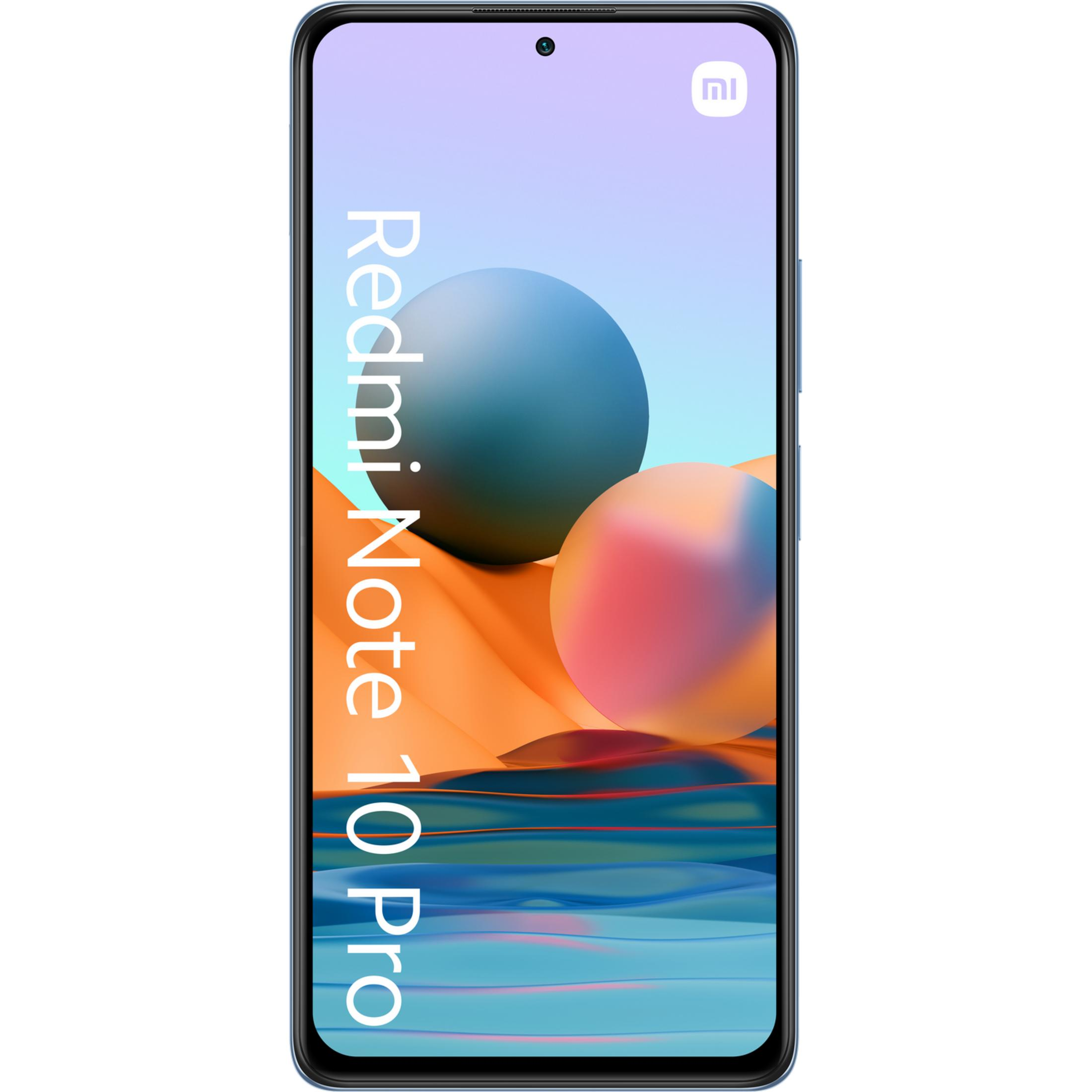 Uno smartphone blu con testo "Redmi Note 10 Pro" e grafica astratta.