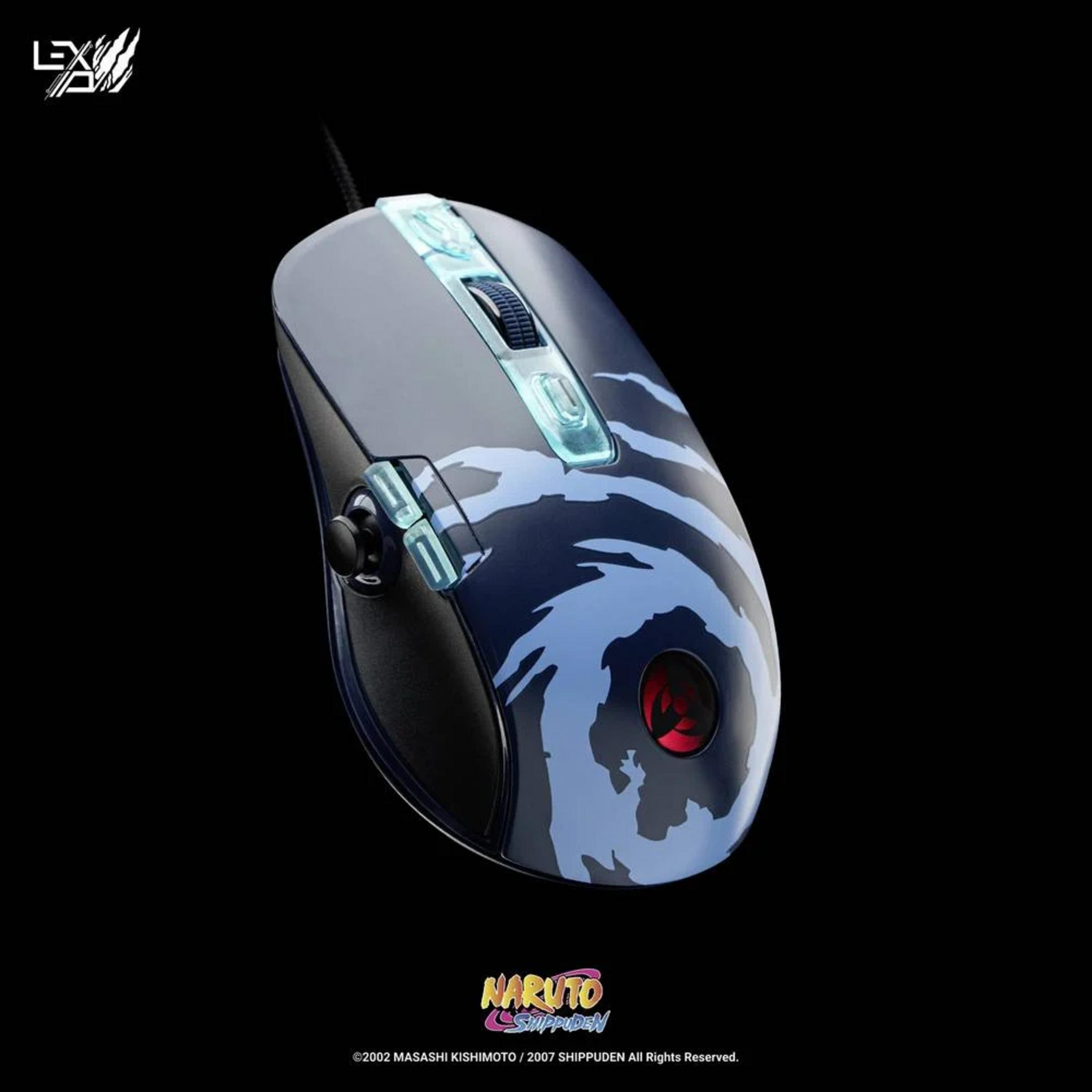 Een zwarte gamingmuis met een blauw Naruto-ontwerp en verlichte accenten.
