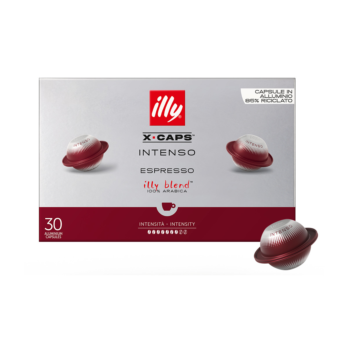 Capsule caffè Illy X-Caps Intenso Espresso, 30 pz, rosso e argento.