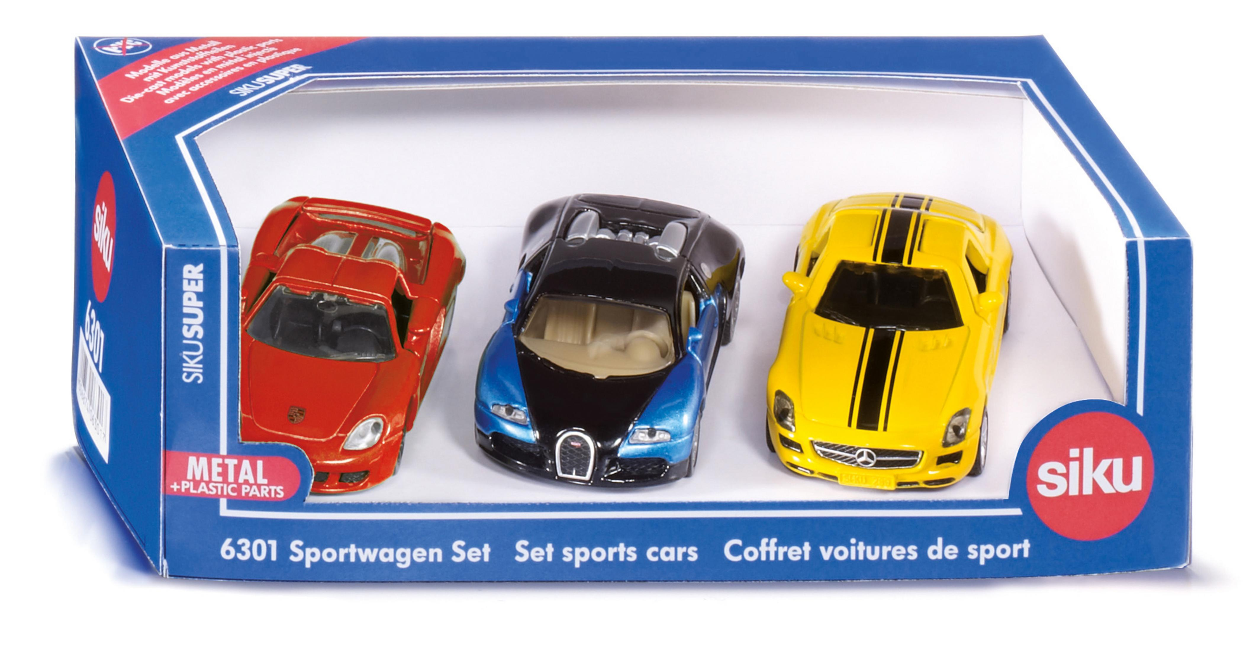 Drei Spielzeugautos in einer Packung: rot, blau-schwarz und gelb.
