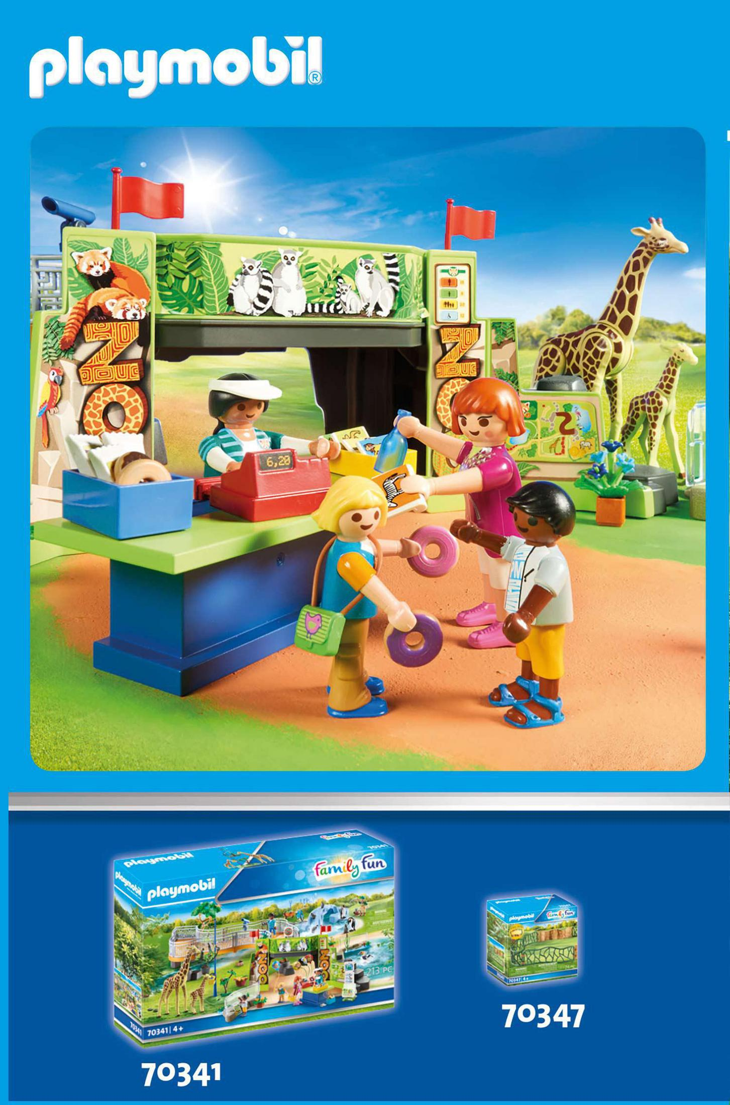 Scène de zoo Playmobil avec des personnes, des animaux et une caisse.