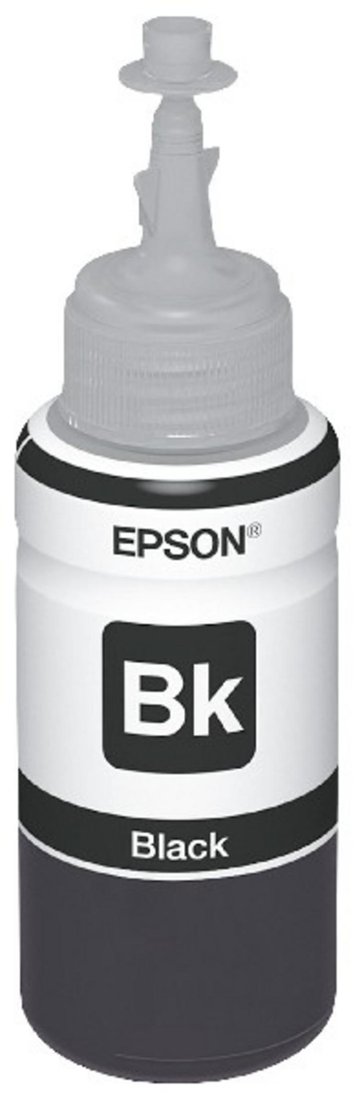 Czarna butelka z tuszem EPSON ze srebrną nakrętką i czarną etykietą.
