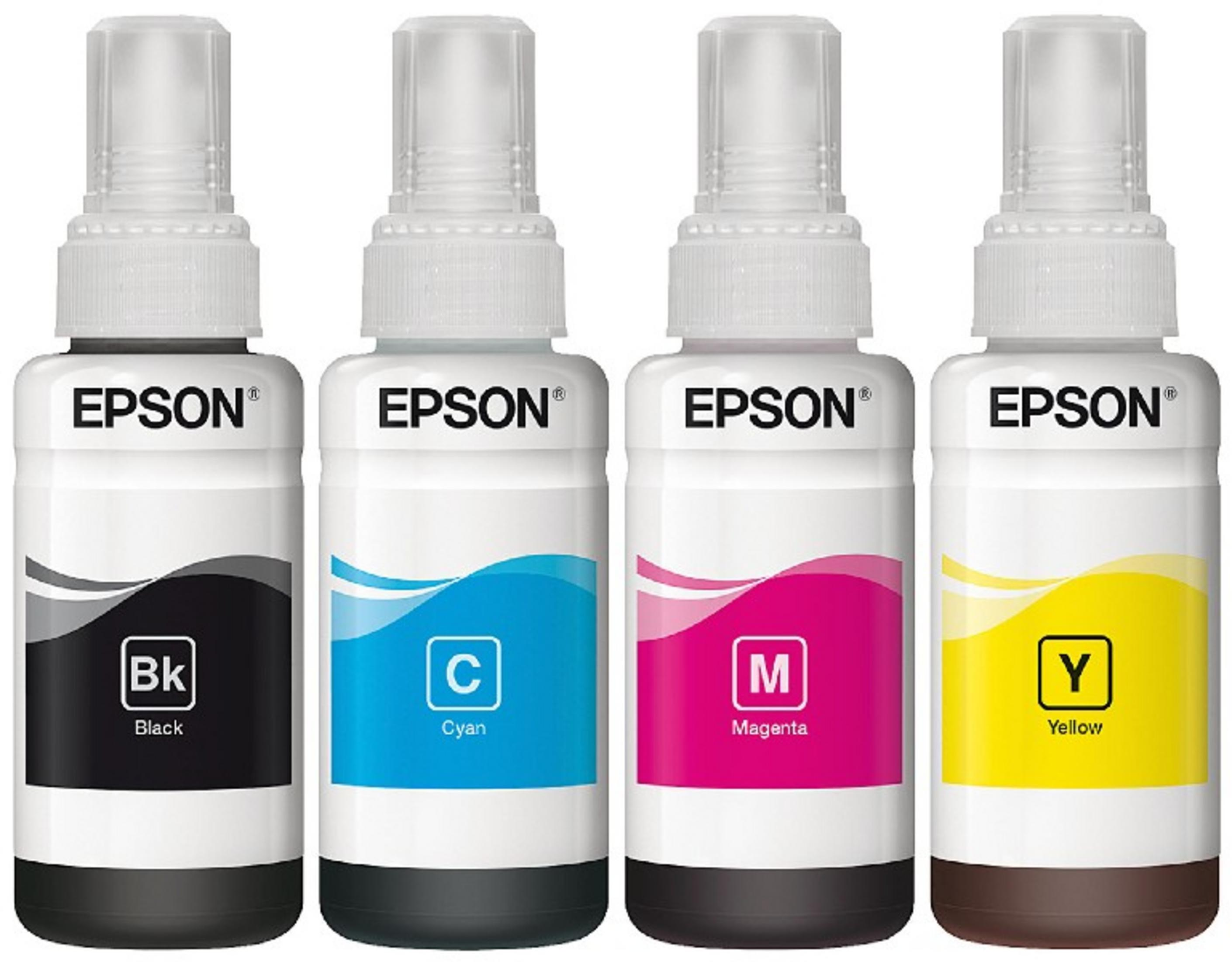Cztery butelki tuszu Epson: czarny, cyjan, magenta i żółty.