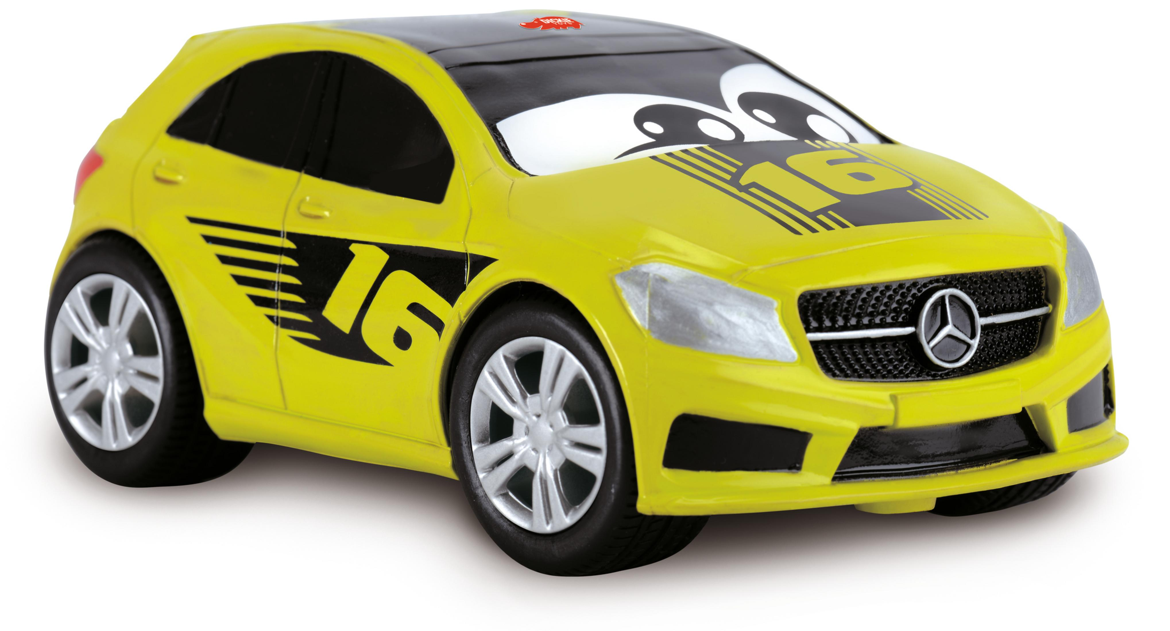 Ein gelbes Spielzeugauto mit schwarzen Aufklebern und Nummer 16.
