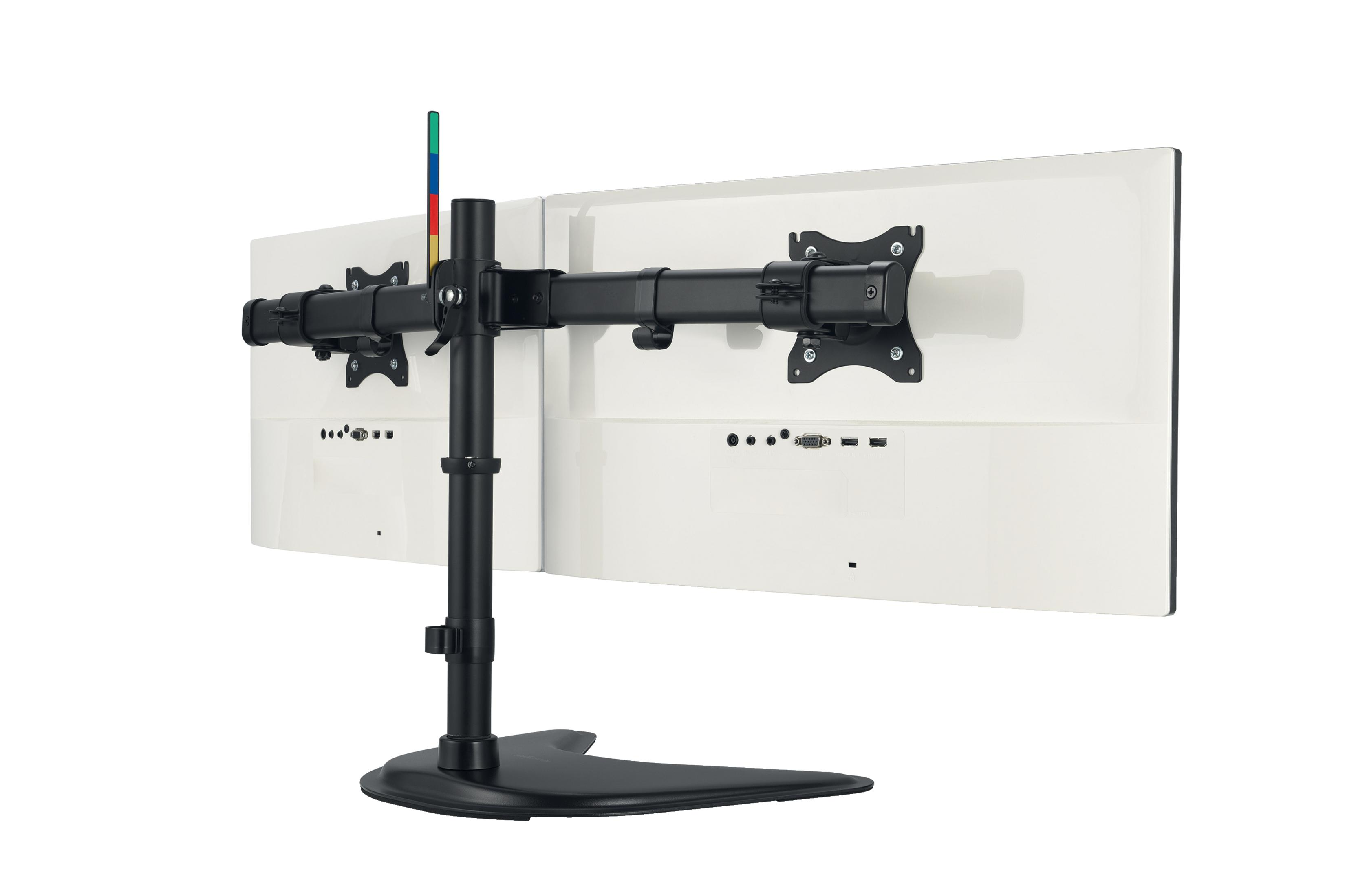 Supporto doppio monitor con base nera e gestione cavi.