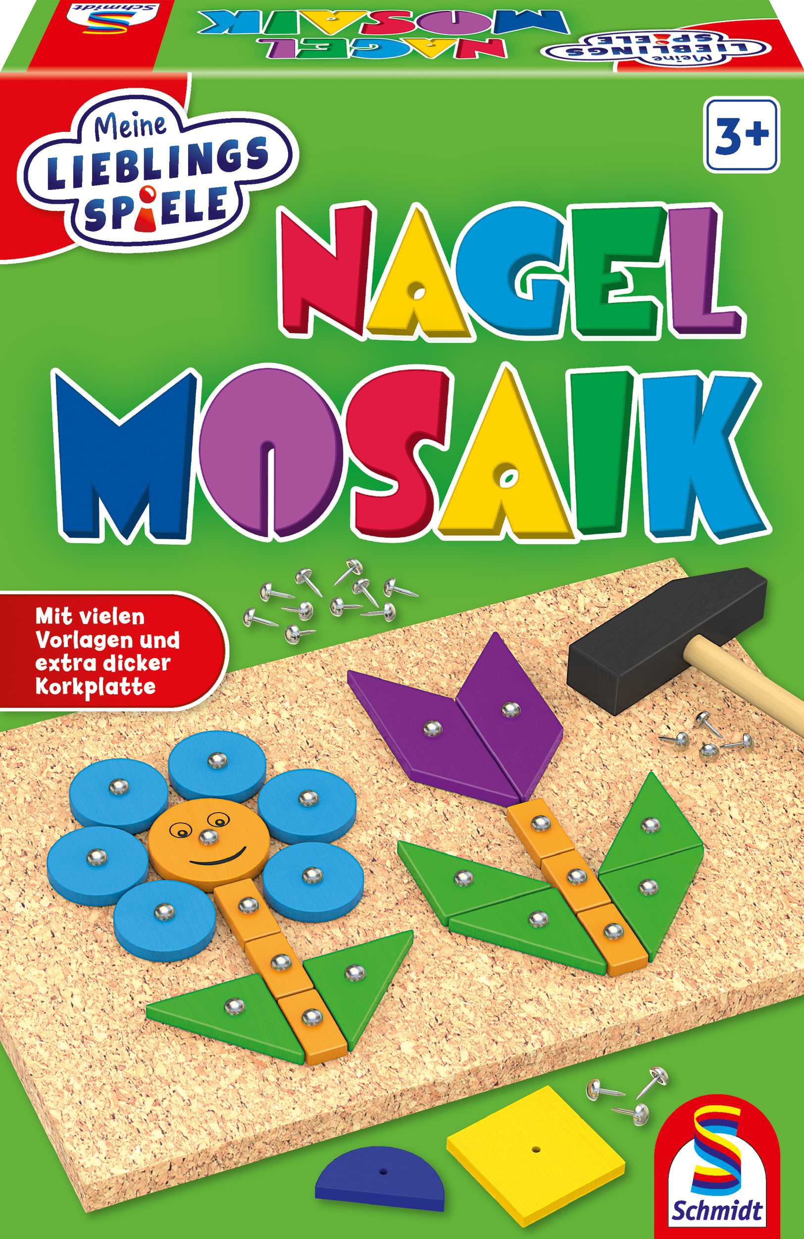 Spielzeug-Set mit bunten Holzformen, Nägeln, Hammer und Korkplatte.