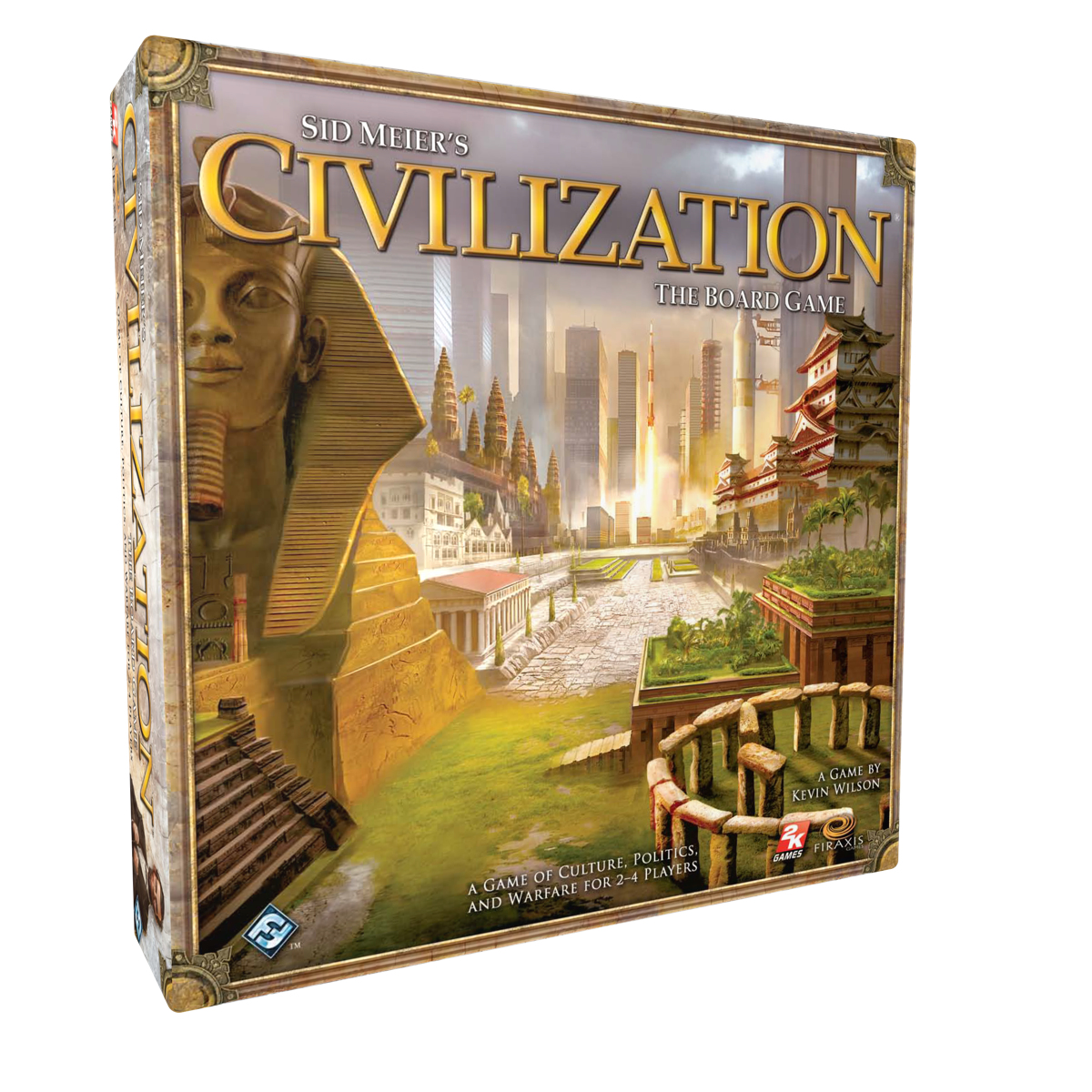 Brettspielbox mit ägyptischer Sphinx, modernen Städten, Raketen und asiatischer Architektur.