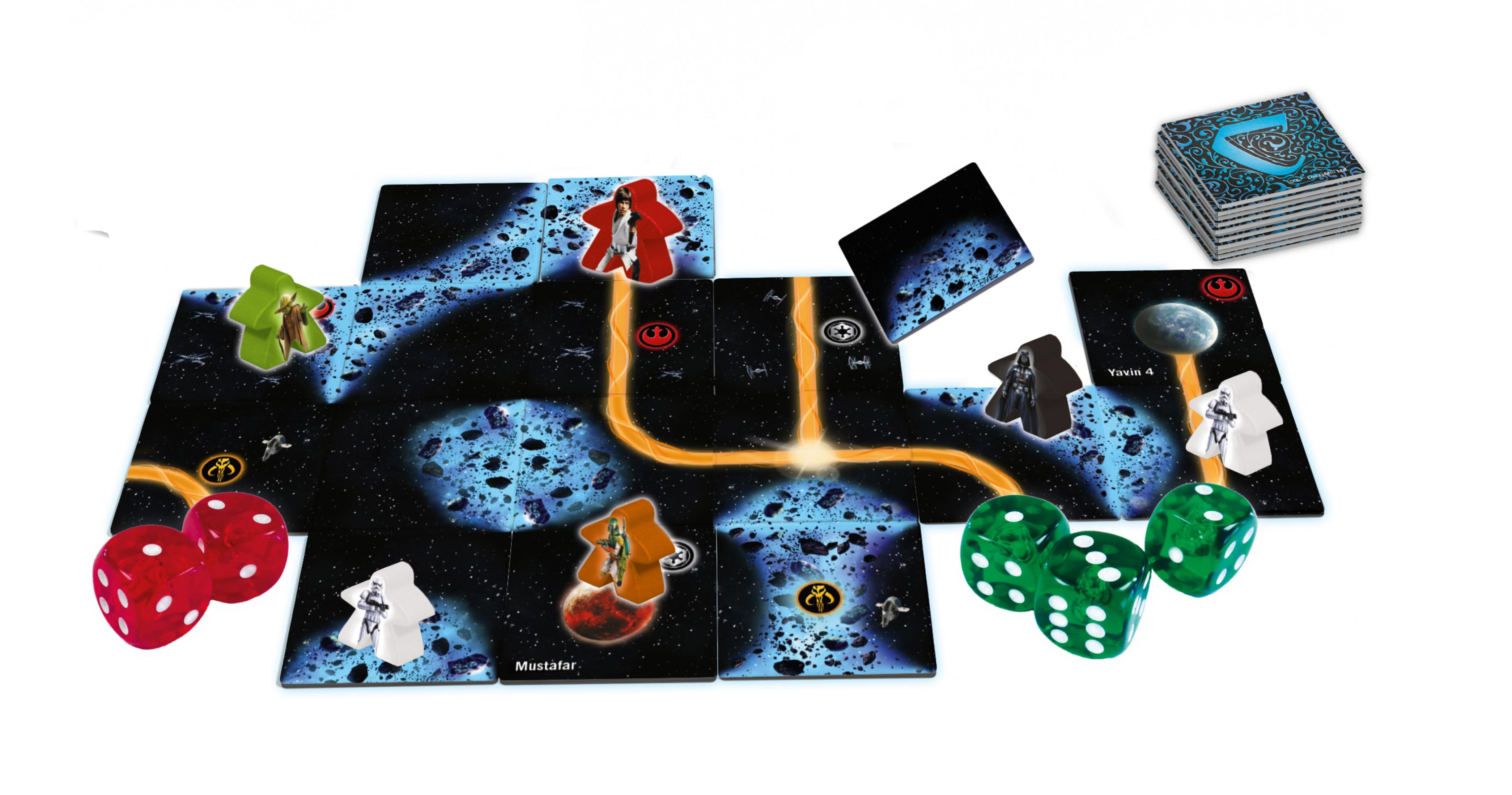 Ein Brettspiel mit einem Weltraumthema, Würfeln und Spielfiguren.