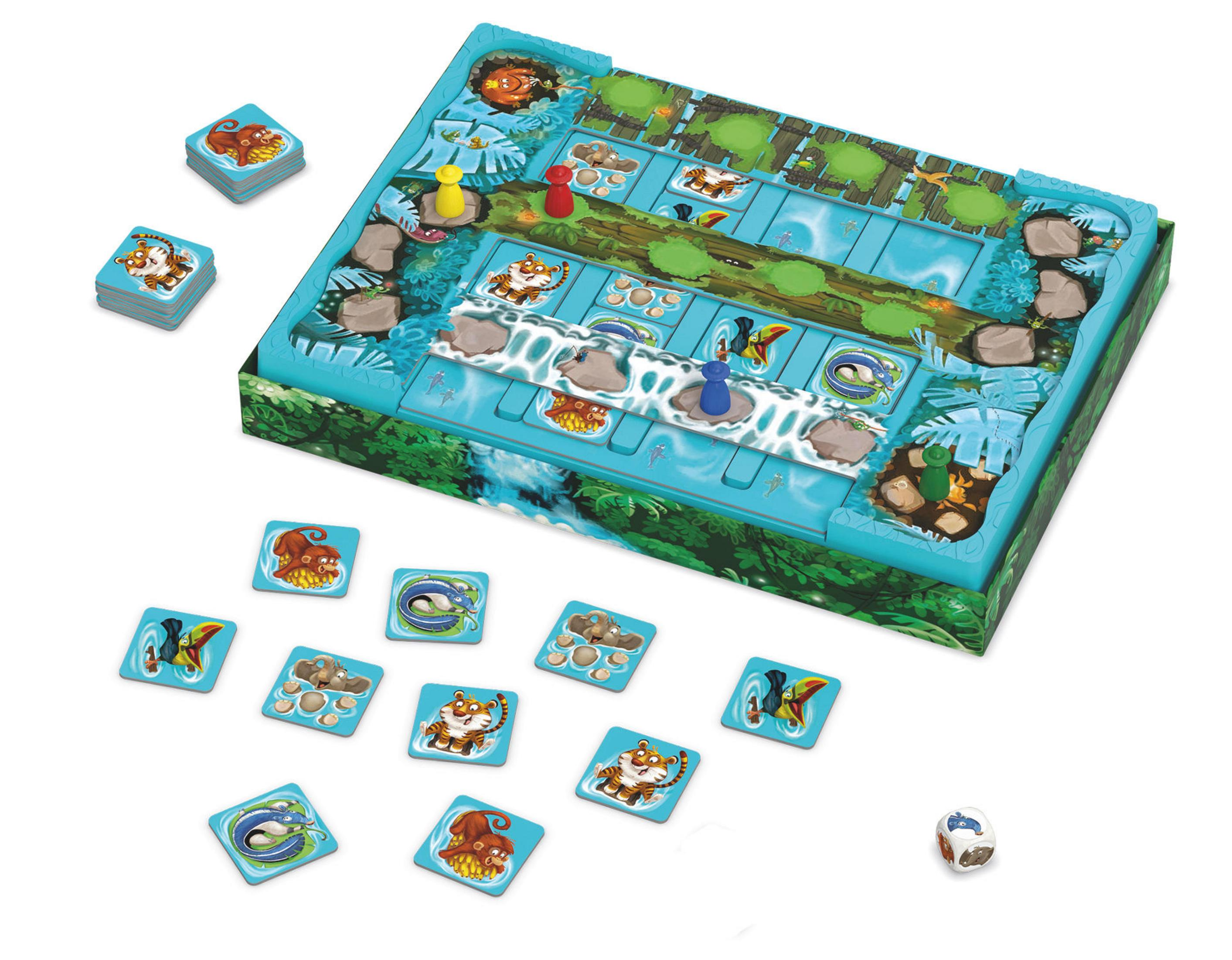 Brettspiel mit Fluss, Spielfiguren und Tiermotiven.