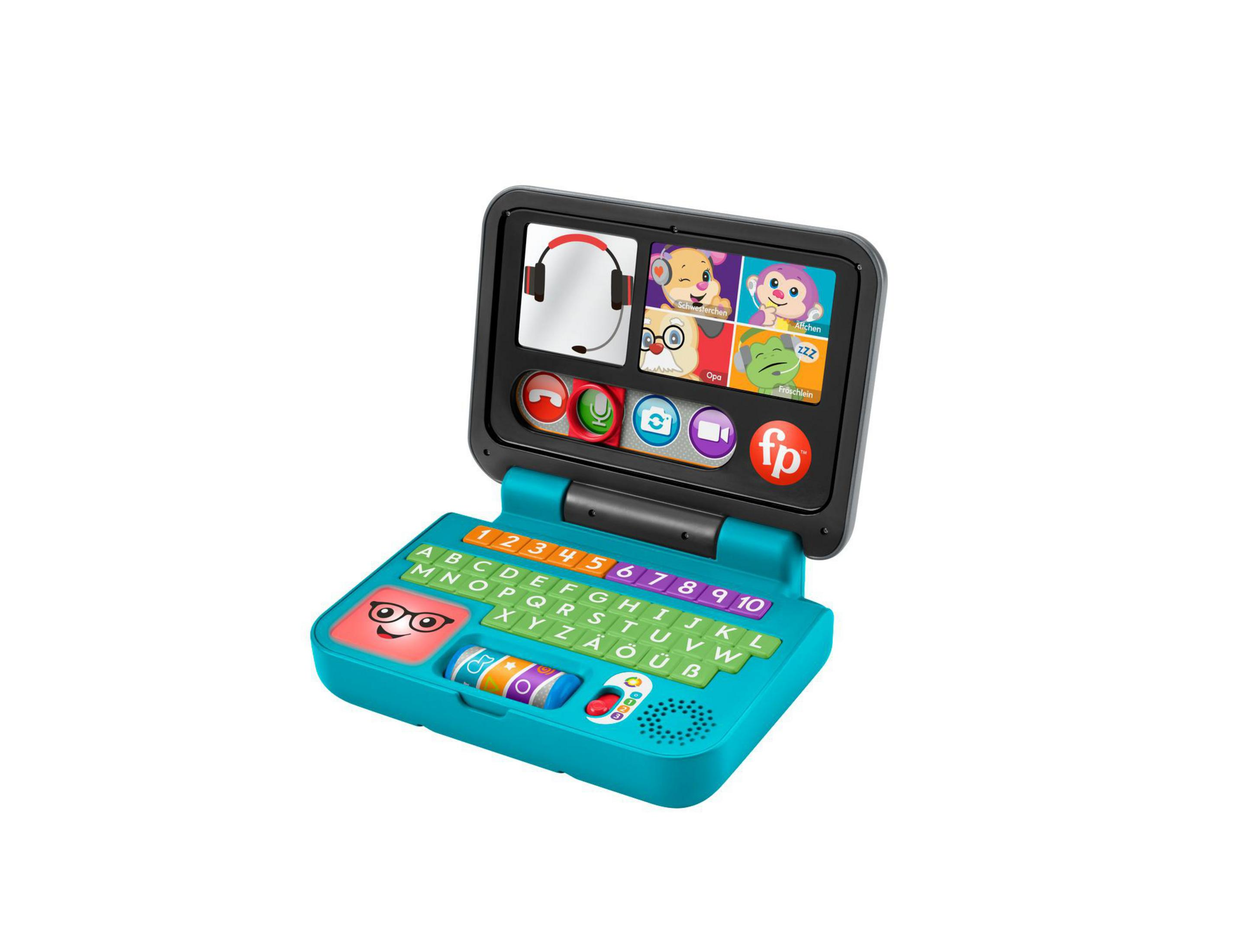 Ein türkisfarbener Spielzeuglaptop mit Tastatur, Bildschirm und bunten Tasten.
