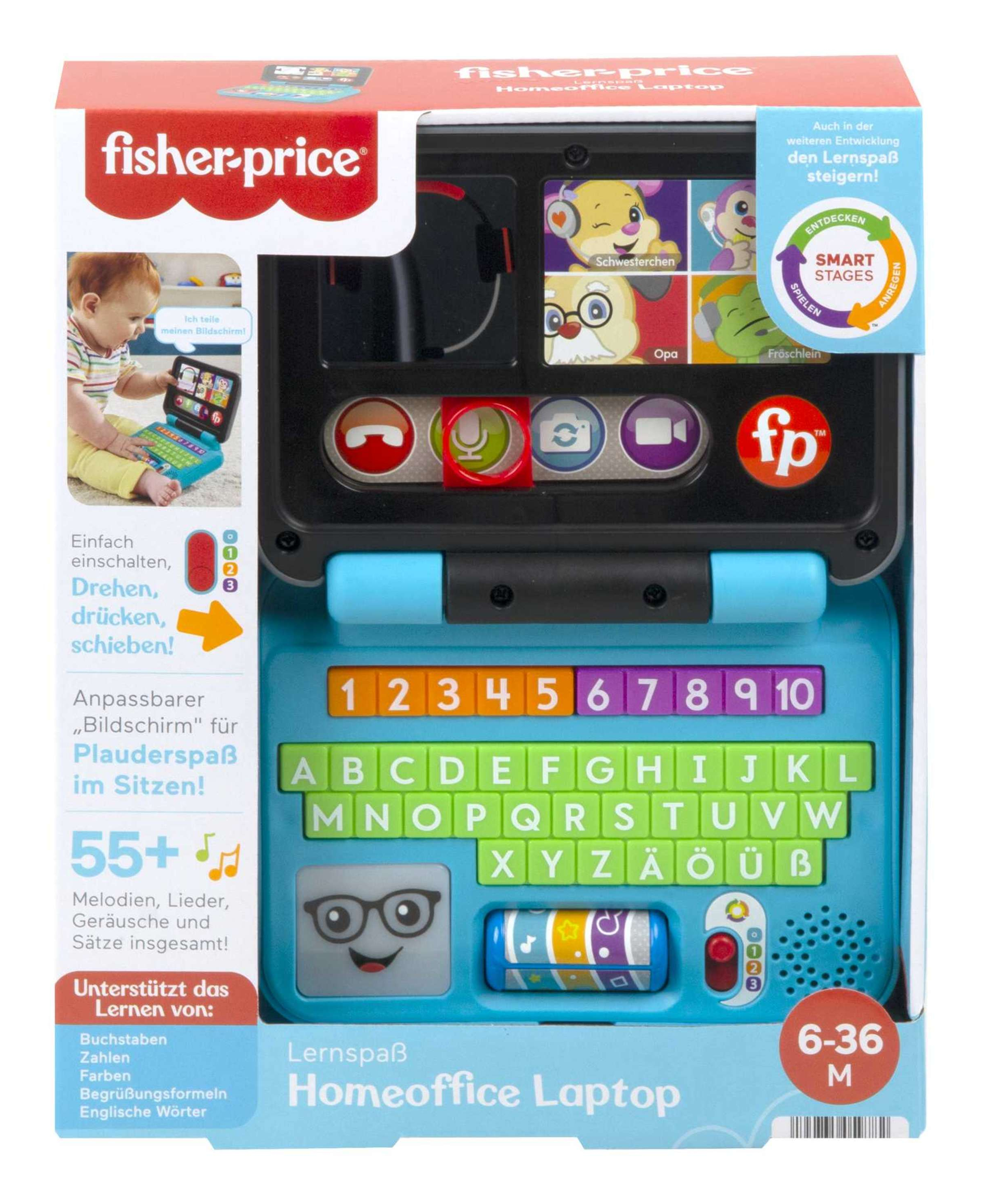 Fisher-Price Lernspaß Homeoffice Laptop mit Tastatur, Bildschirm und bunten Tasten.