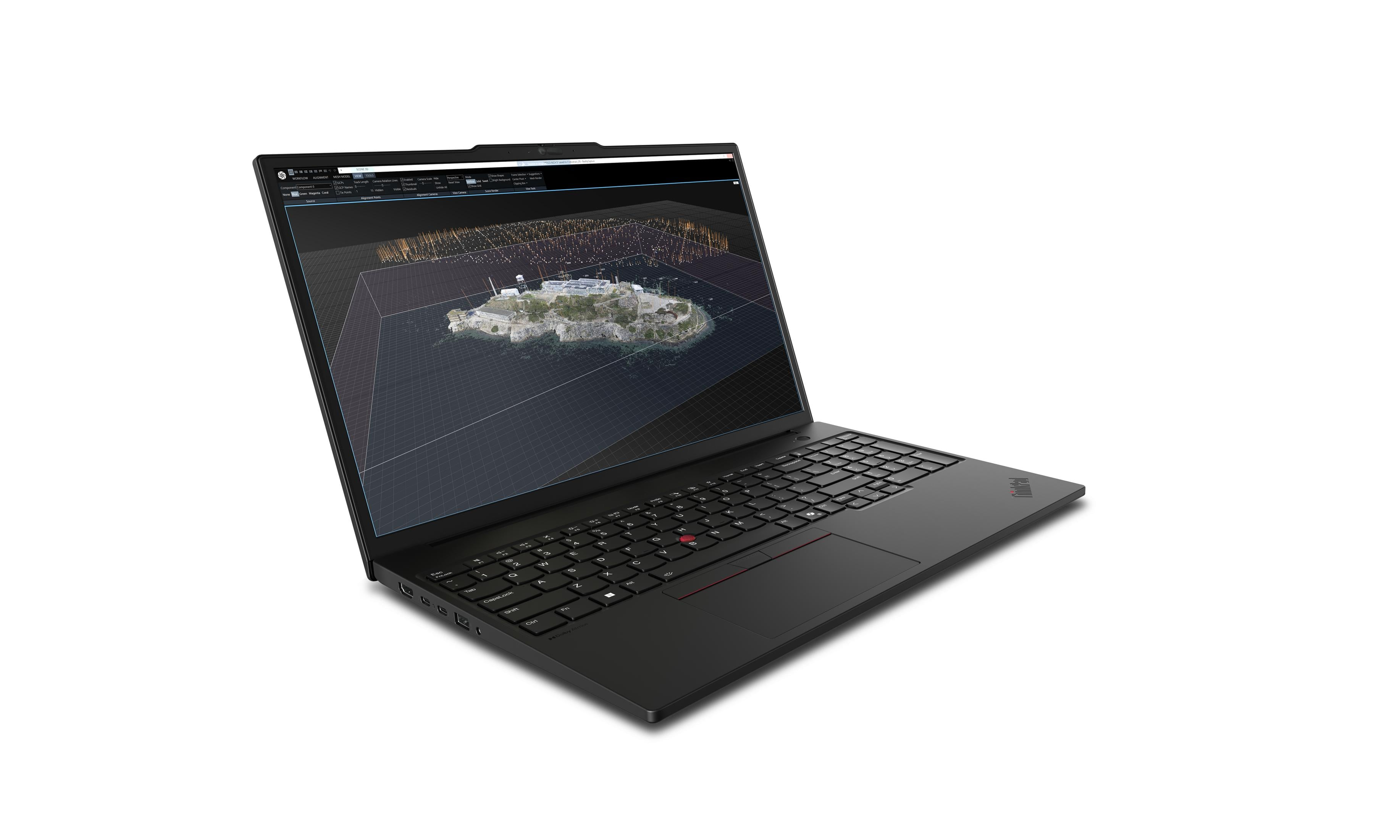 Schwarzer Laptop zeigt 3D-Modell einer Insel mit Gebäuden und Gitternetz.