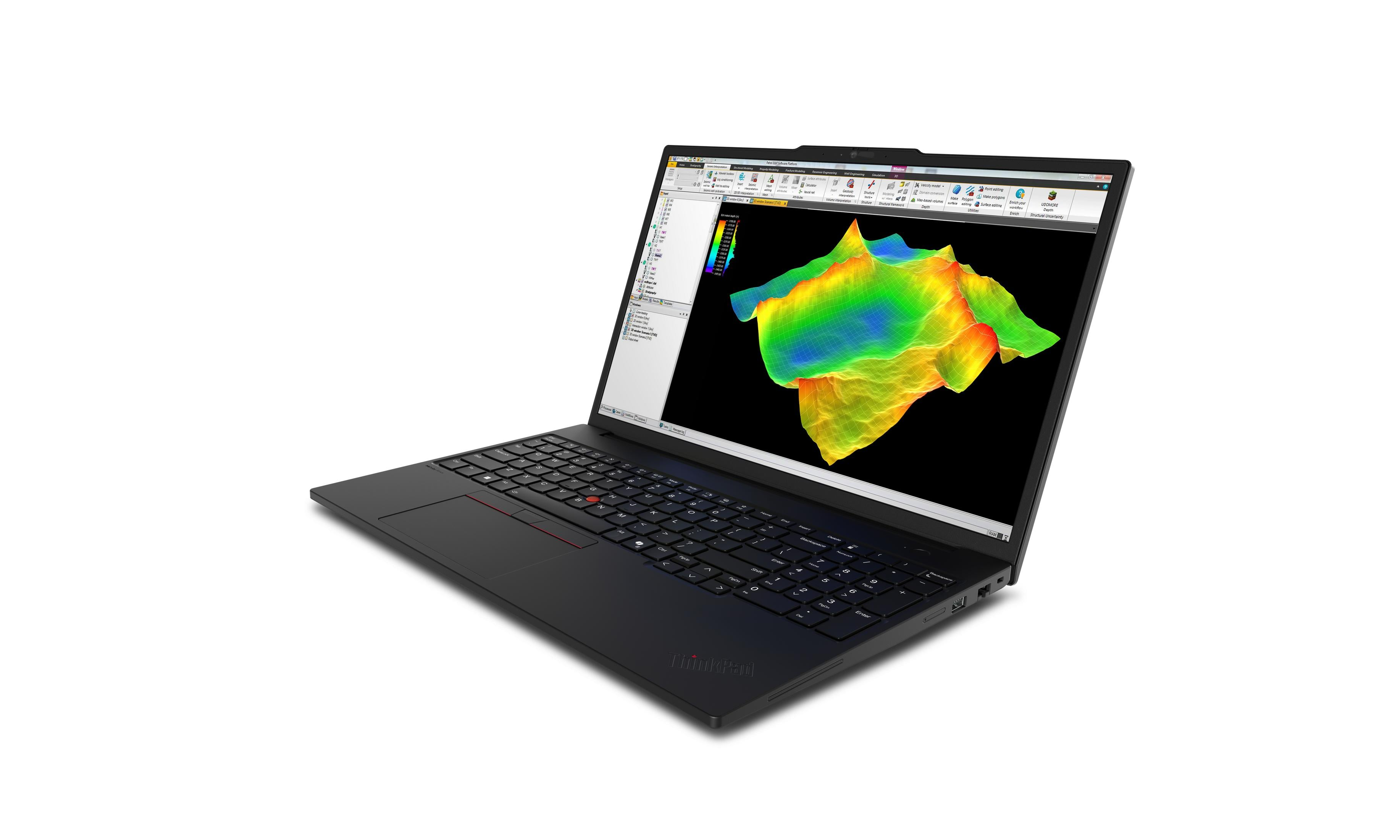 Schwarzer Laptop zeigt eine 3D-Oberfläche mit Farbverlauf auf dem Bildschirm.