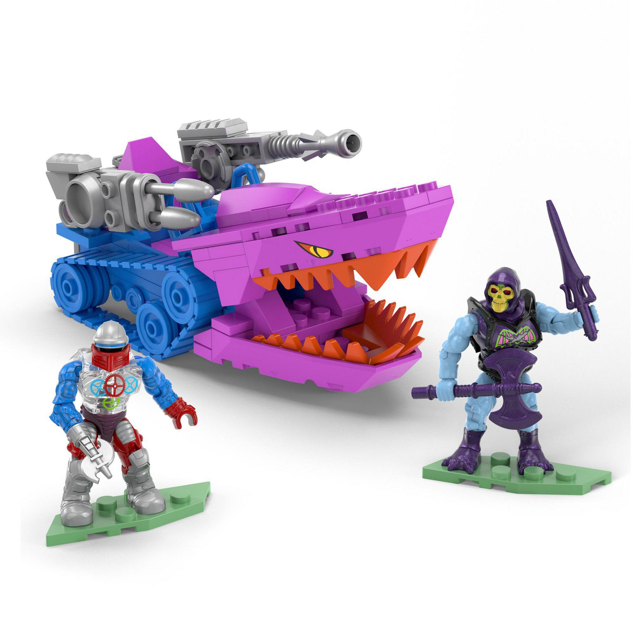 Carro a forma di squalo viola con Skeletor e figura di guerriero.