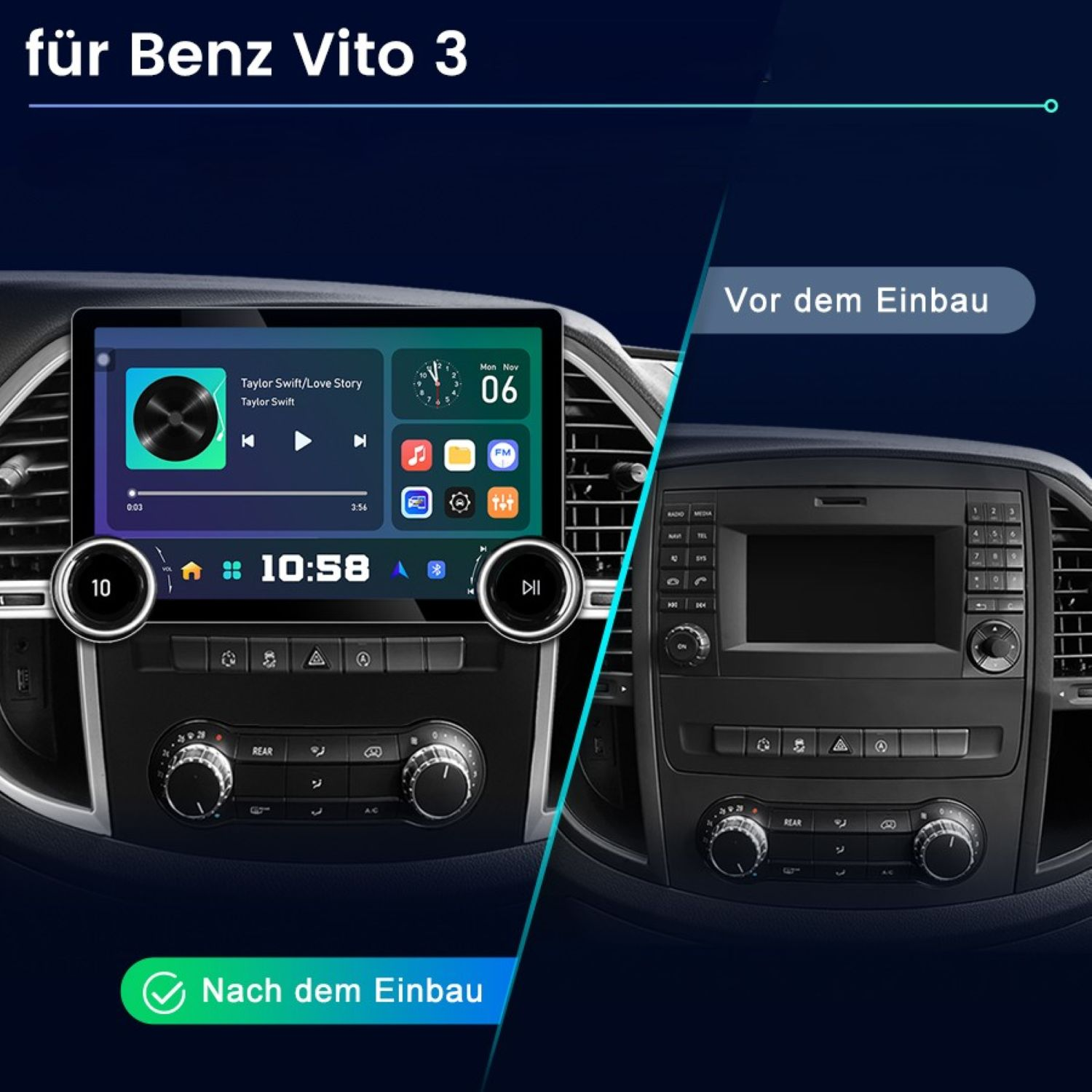 Vergleich einer Auto-Infotainmenteinheit vor und nach dem Einbau für Benz Vito 3.
