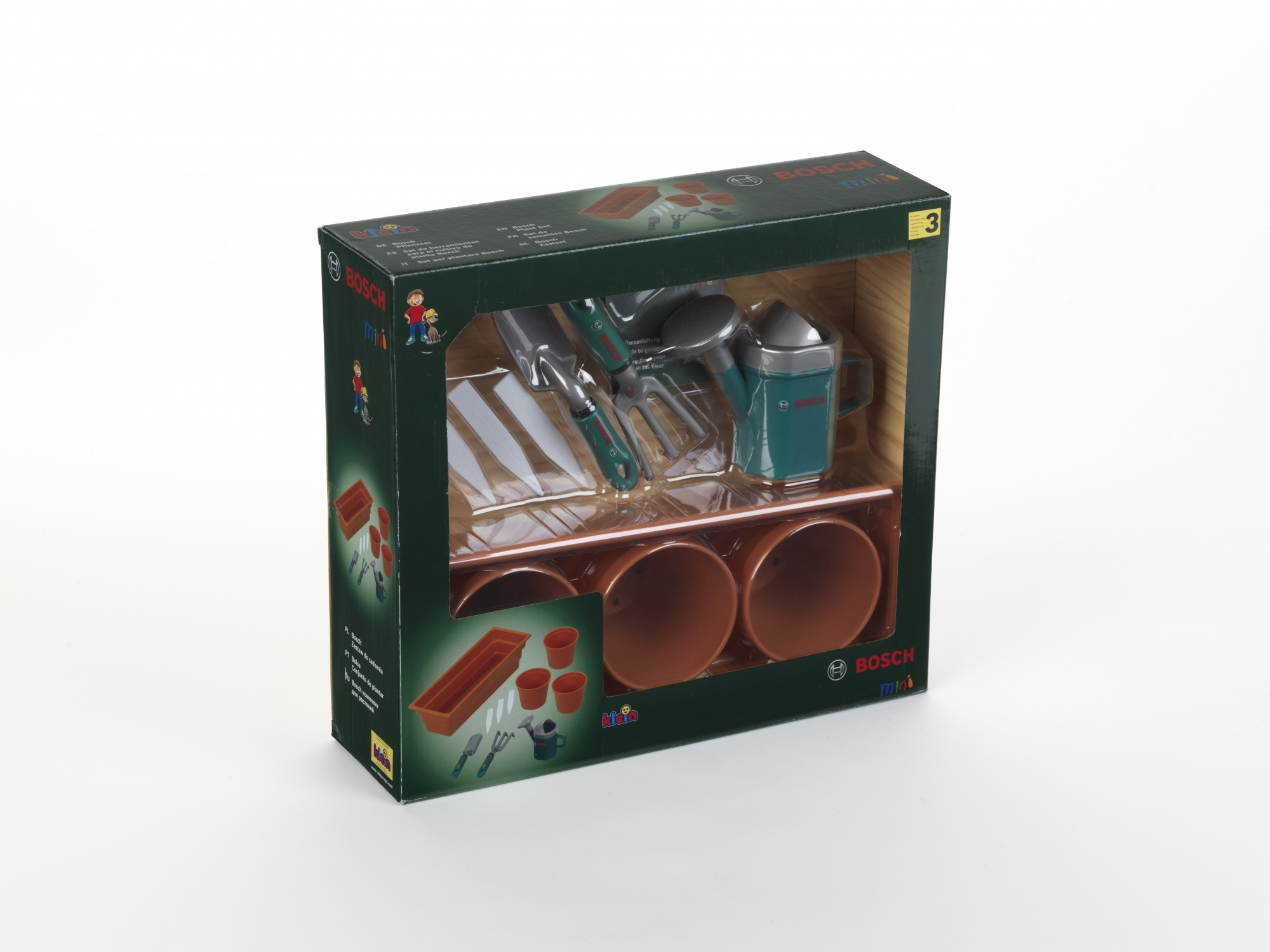 Verpackung eines Bosch Mini Gartensets mit Werkzeugen, Töpfen und Gießkanne.