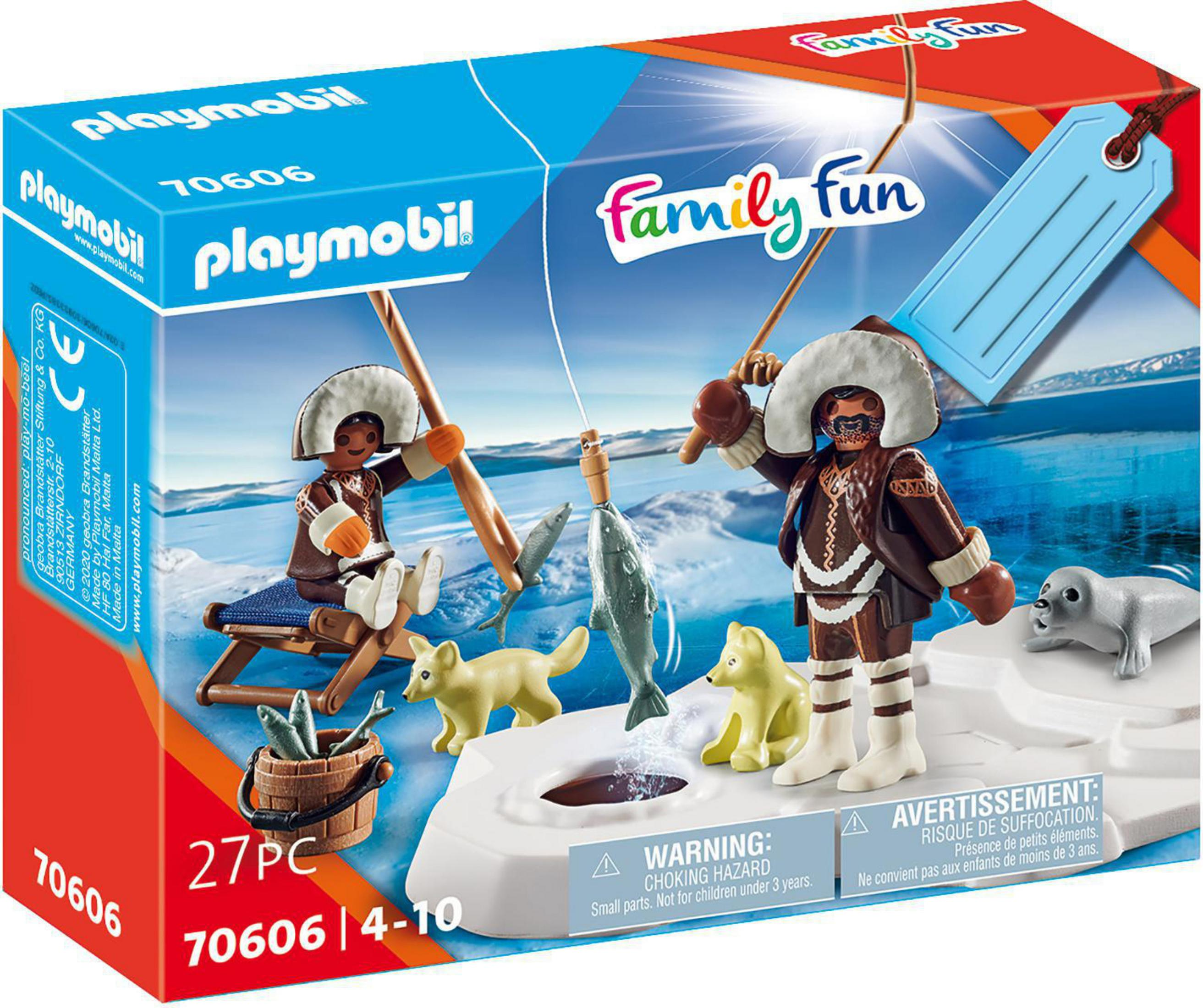 Playmobil-Spielzeug: Eisangler mit zwei Hunden, Robbe, Fisch und Schlitten.