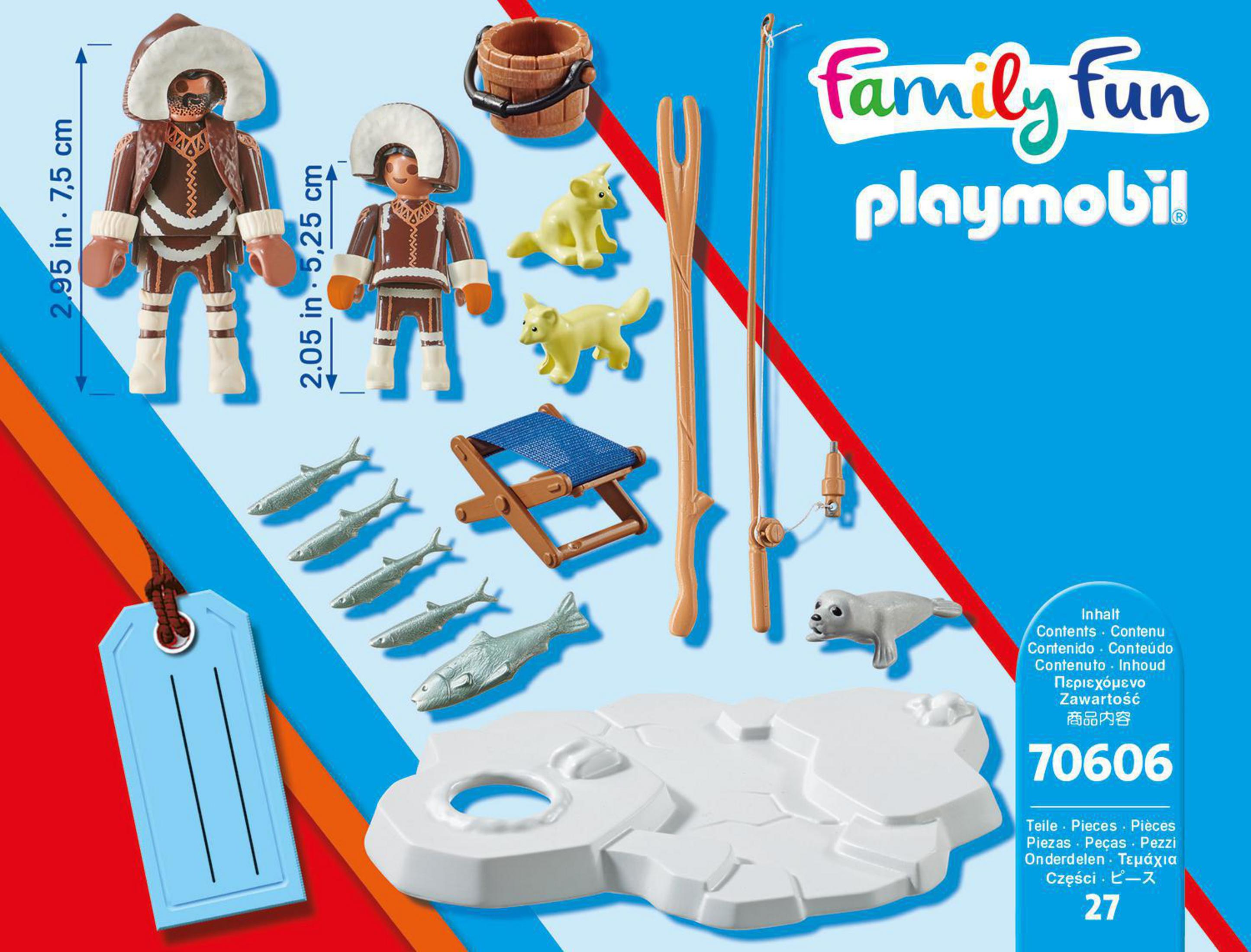 Playmobil Figuren, Fische, Werkzeuge, Hund und Robbe auf Eis-Basis.