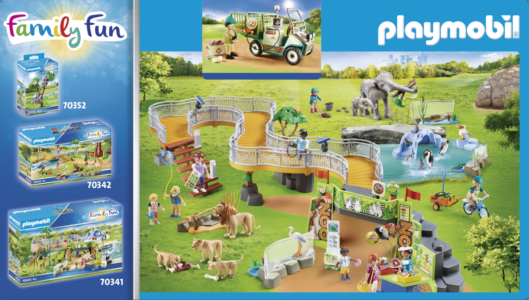 Scena di zoo Playmobil con elefanti, pinguini, leoni e personale.