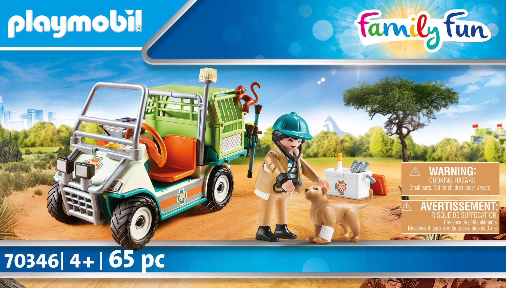 Un veterinario Playmobil ispeziona un cane accanto a un veicolo.