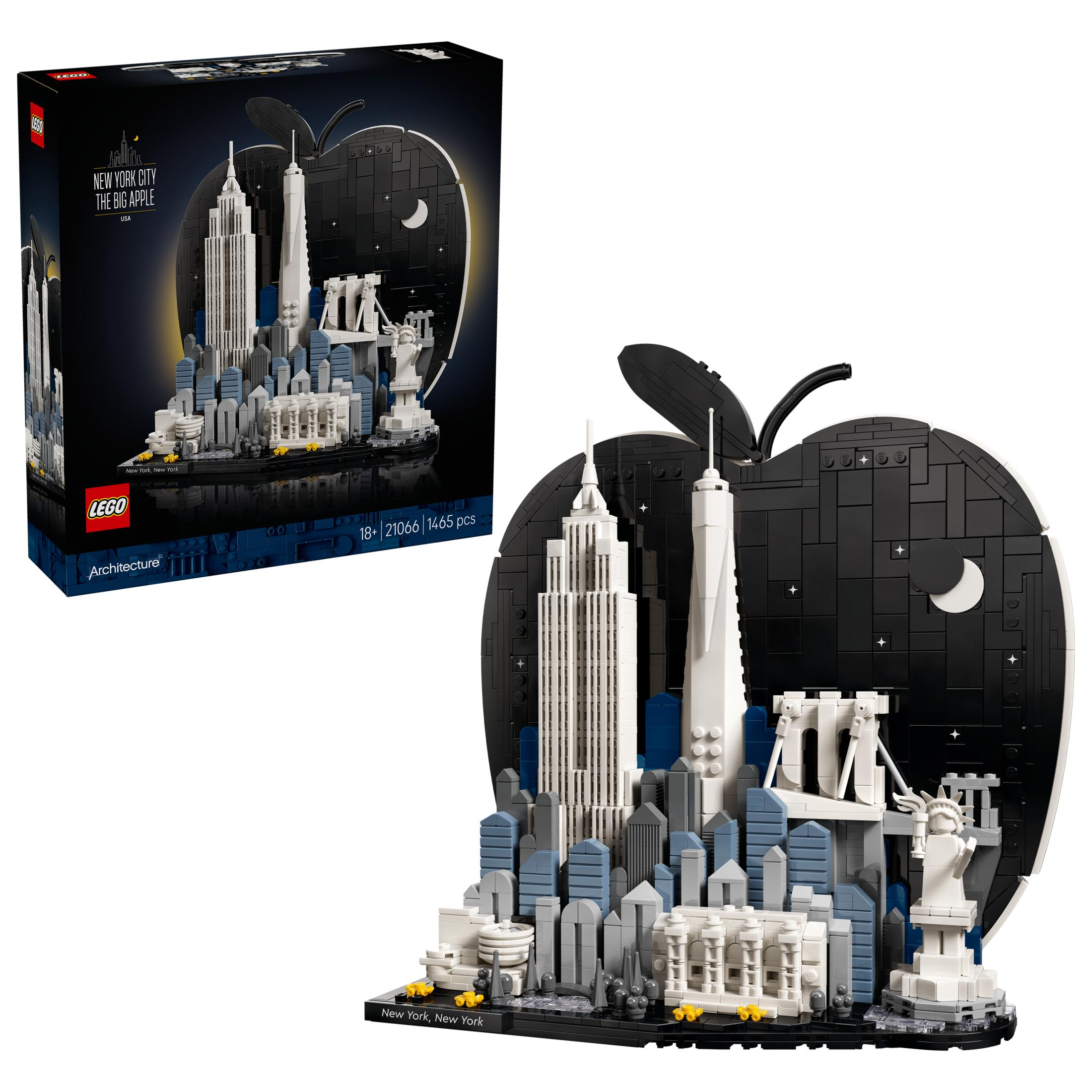 Modelo de horizonte de Nueva York de LEGO con Empire State, Estatua de la Libertad y silueta de manzana.